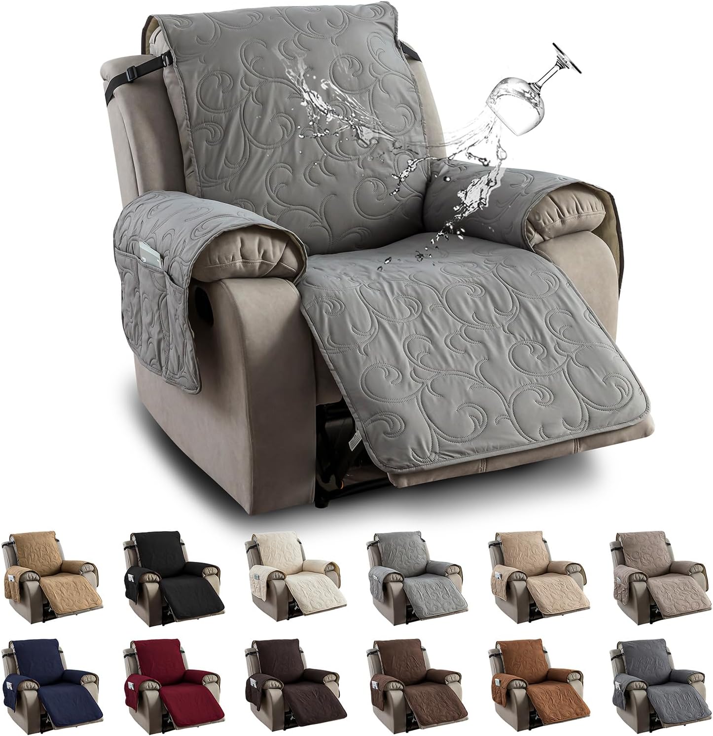 100% Waterproof Recliner Chair Cover, Recliner Chair Covers for Reclining Chair, Non-Slip Fabric Recliner Couch Cover for Living Room, for Pets Kids Protector, Washable (Light Gray, 20")