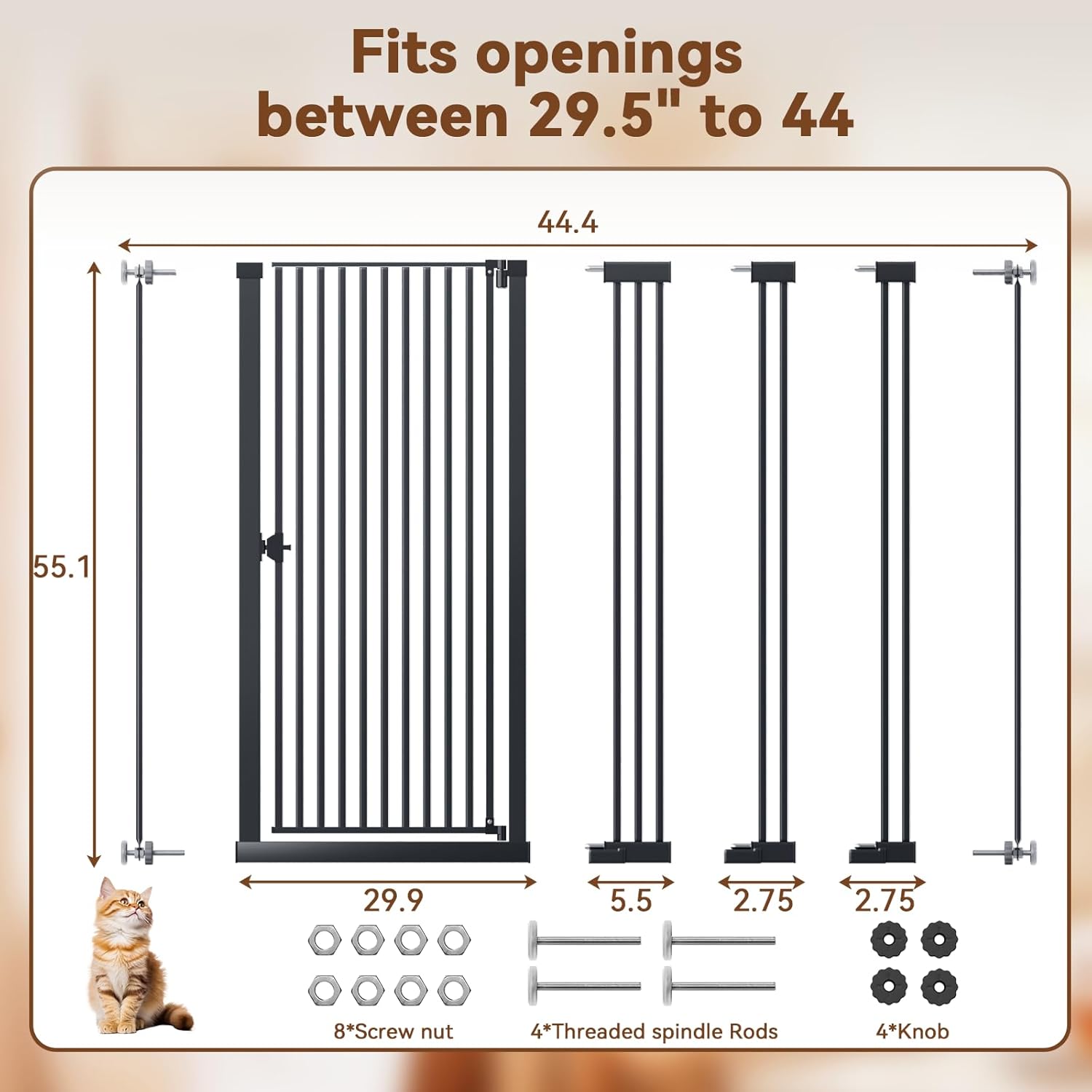57" Extra Cat Gate, Fits 29.5"-43" Wide Openings, Pressure Mounted Auto Close Tall Dog Gate with Ultra Narrow Bar Spacing, No Drill Dog Gate for Doorways, Stairs, Hallways