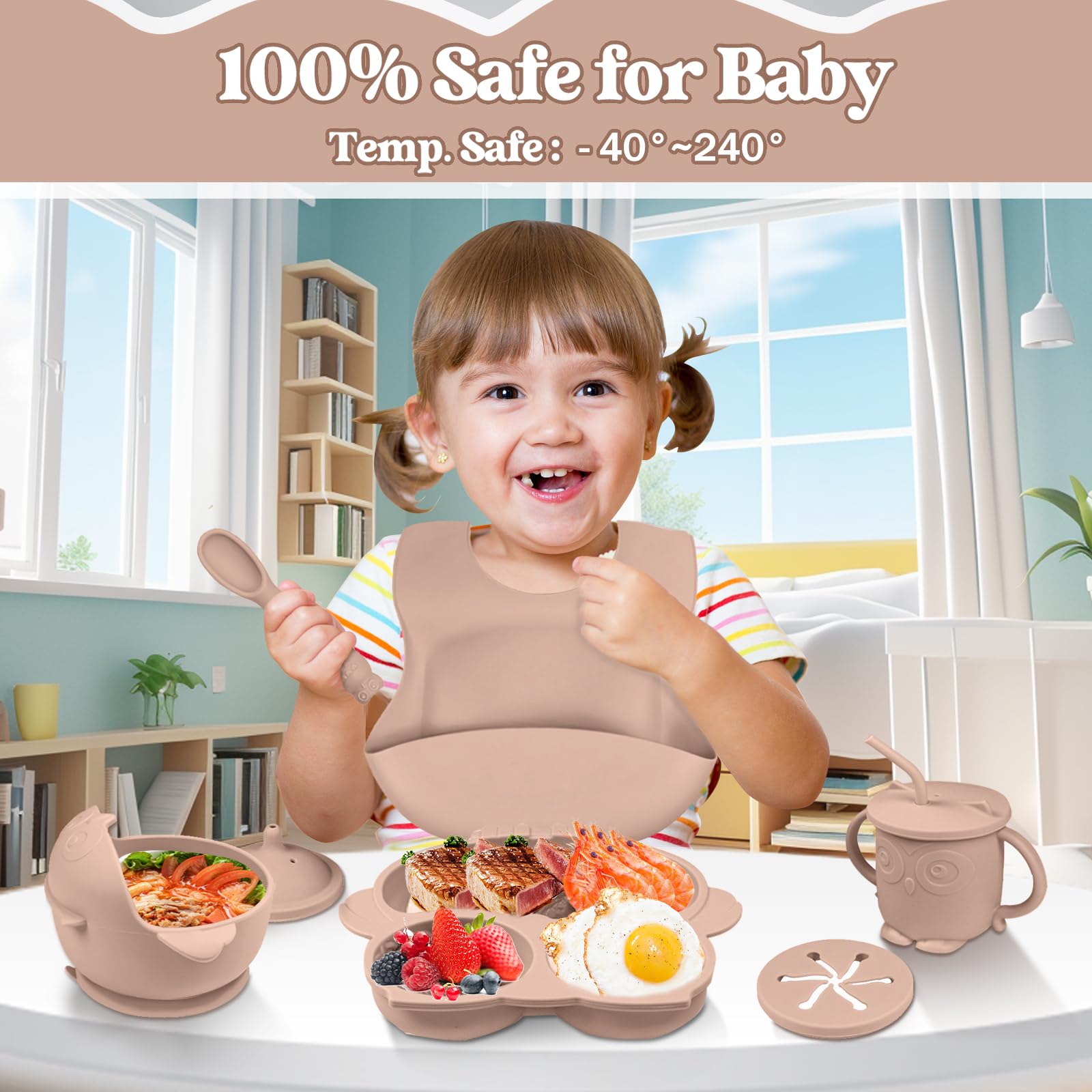 Set Svezzamento Bambini Bwaliffury 9 Pezzi - Piatti Con Ventosa, Cucchiaio, Bavaglino In Silicone Alimentare - Foto 14