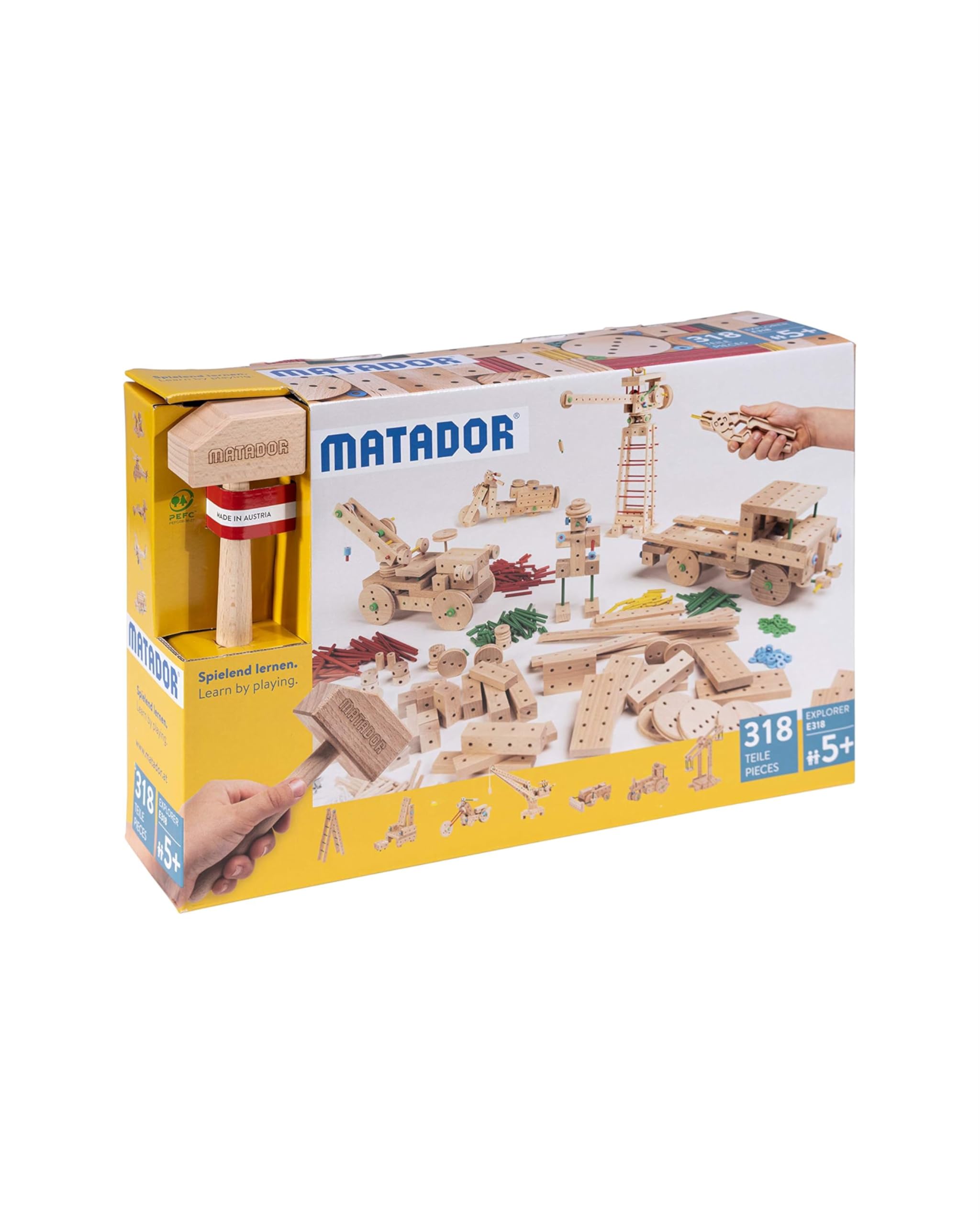 Matador Kinder Baukasten ab 5 Jahren 318-tlg. - Spannendes Holz Konstruktionsspielzeug zur Schulung von Kreativität und Feinmotorik, Bauspielzeug mit Stäbchen, Klötzen, Hammer & Zange