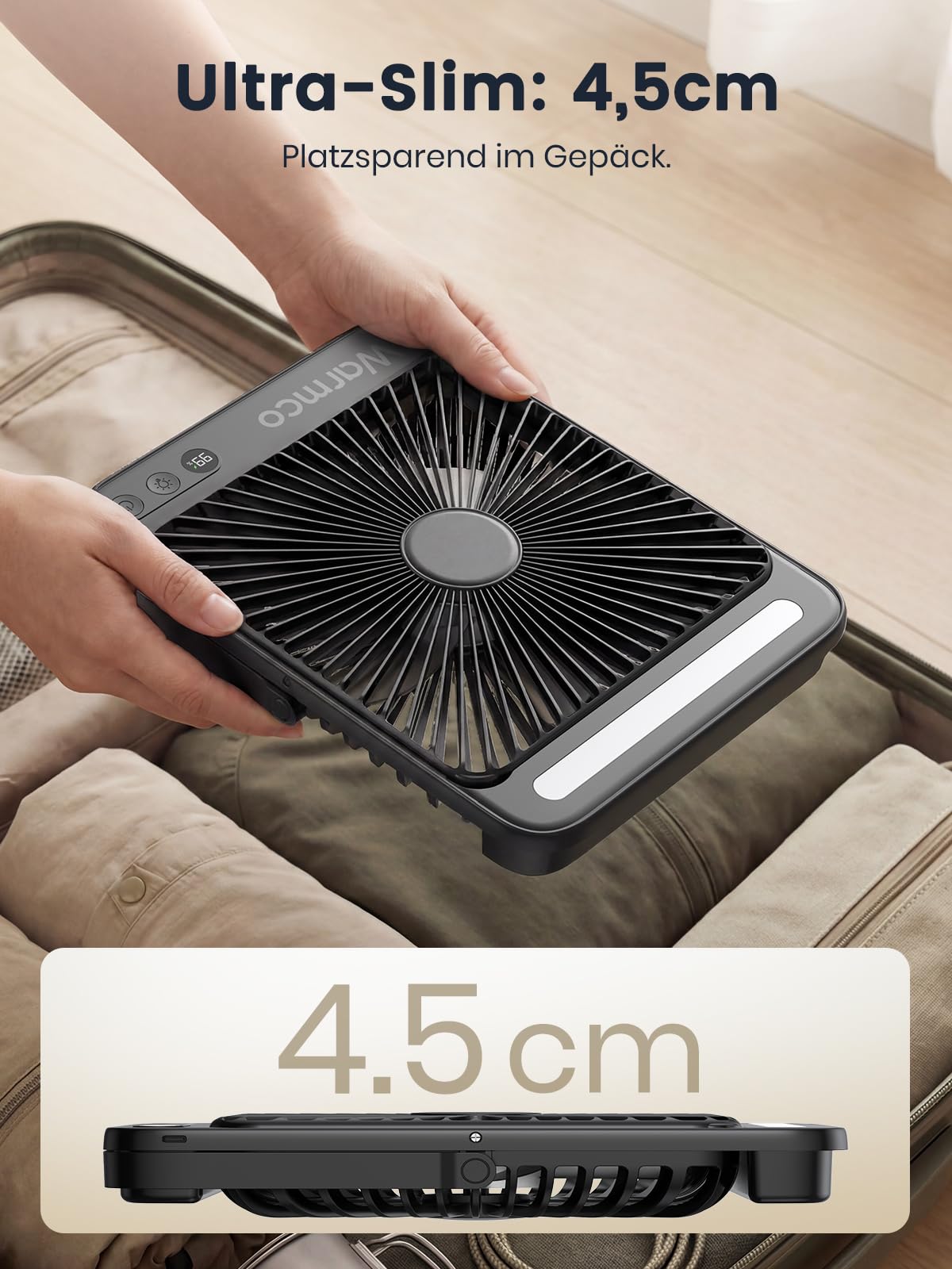 Warmco D4 Akku Camping Ventilator 20000mAh LED-Lampe 48 Std. Laufzeit Leiser Ultraflacher Ventilator Mit Display & Haken