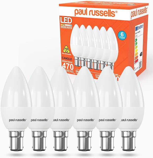 paul russells LED Light Small Bayonet Cap B15D, 40w Equivalent Bulb, 4.9W 470LM LED Bulbs, 2700K Warm White Lamps, Frosted C37 SBC Candle Energy Saving Lightbulbs, Pack of 6
