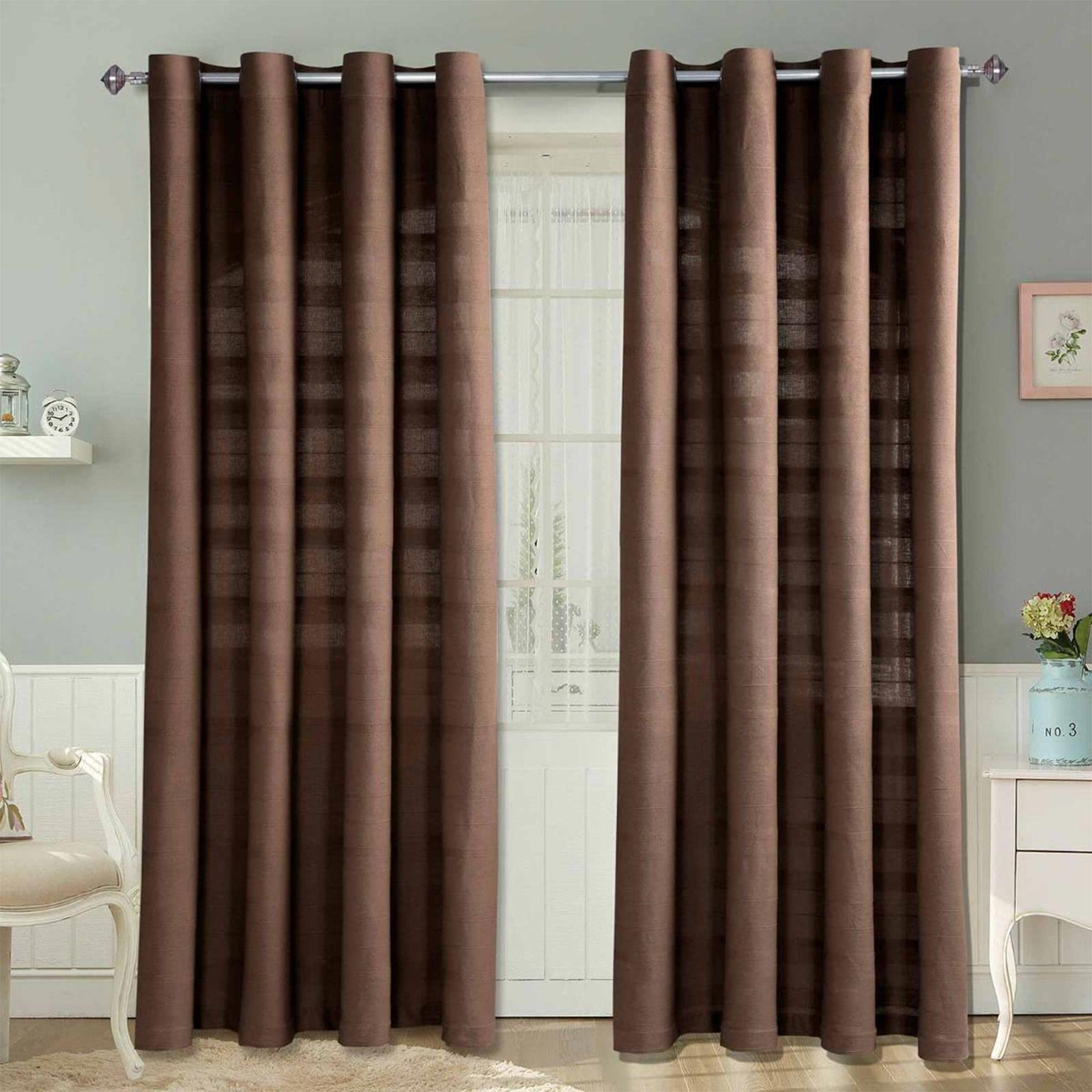 HOMESCAPES Chocolate Rajput Eyelet Curtain Pair 137cm (54") Wide x 137cm (54") Drop 100% Cotton Ring Top Plain Curtains — image 1