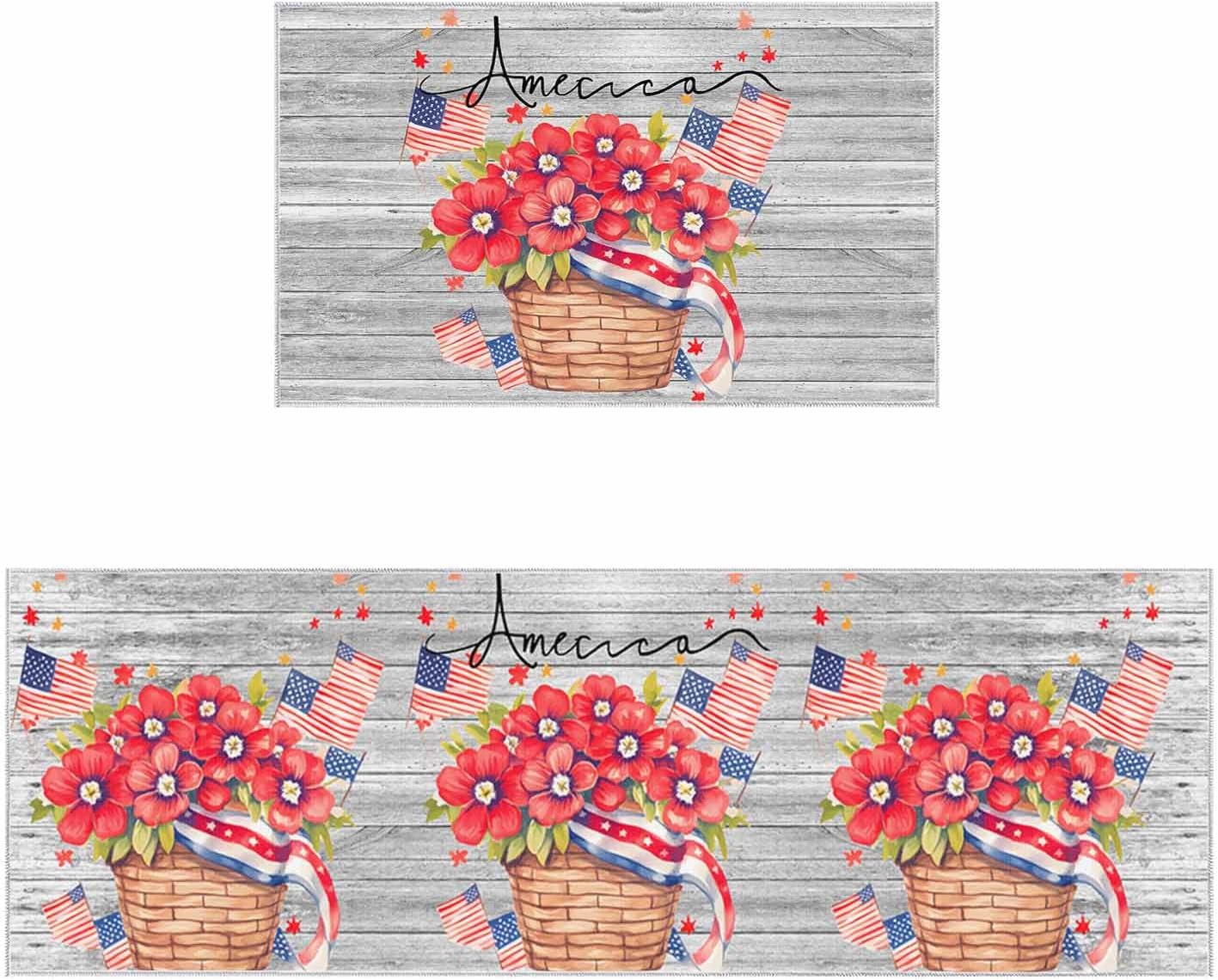 2 Pieces Kitchen Rugs and Mats,Independence Day American Patriotic Flower Area Runner Rug Set Non Slip Floor Doormat Washable Carpet Standing Mat for Kitchen Sink Indoor Corridor,Retro Wood USA Flag