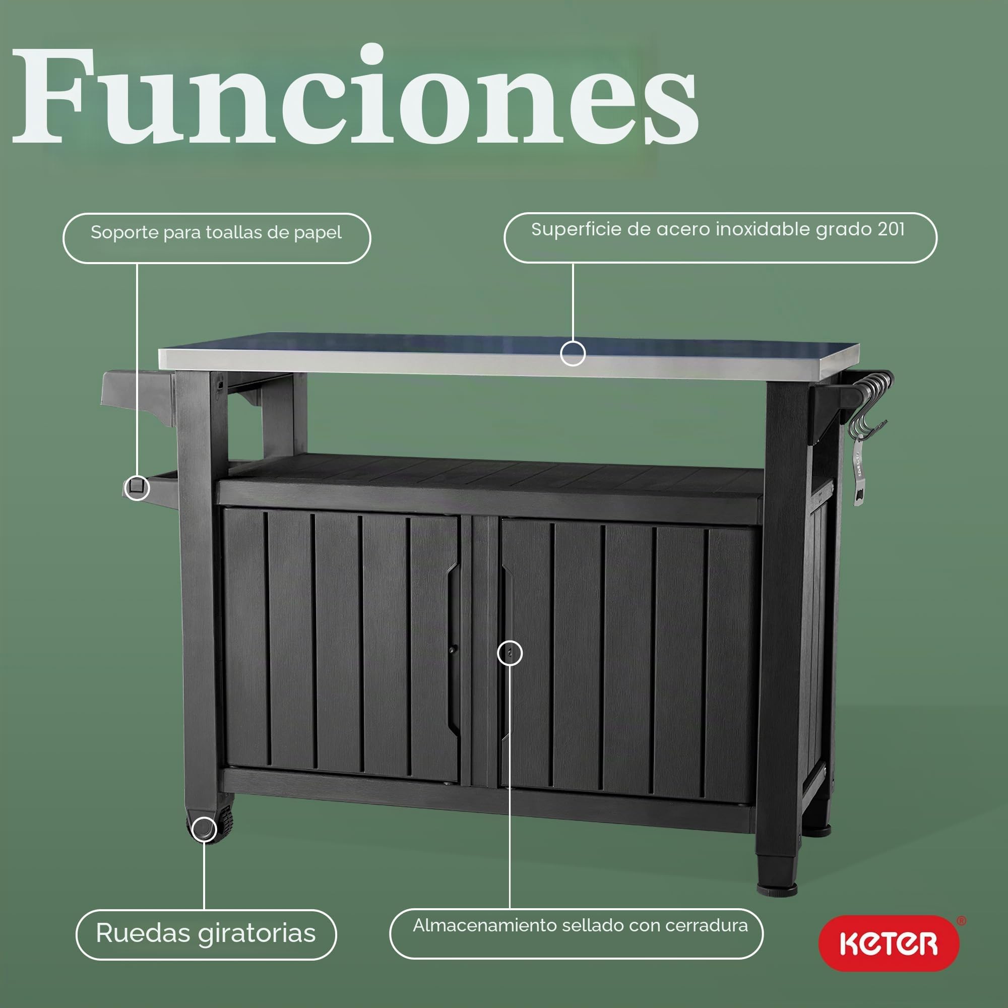 Keter Unity XL - Mesa portátil para Exteriores y Armario de Almacenamiento con Ganchos para Accesorios de Parrilla, Parte Superior de Acero Inoxidable para Patio, Cocina, Isla o Carrito de Bar, Gris