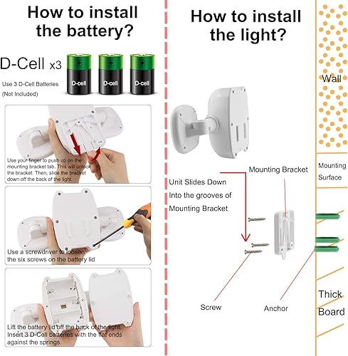 Miniatura 7 de HONWELL Luz con sensor de movimiento para exteriores, funciona con pilas, luz de inundación de seguridad exterior, inalámbrica, IP65, impermeable,