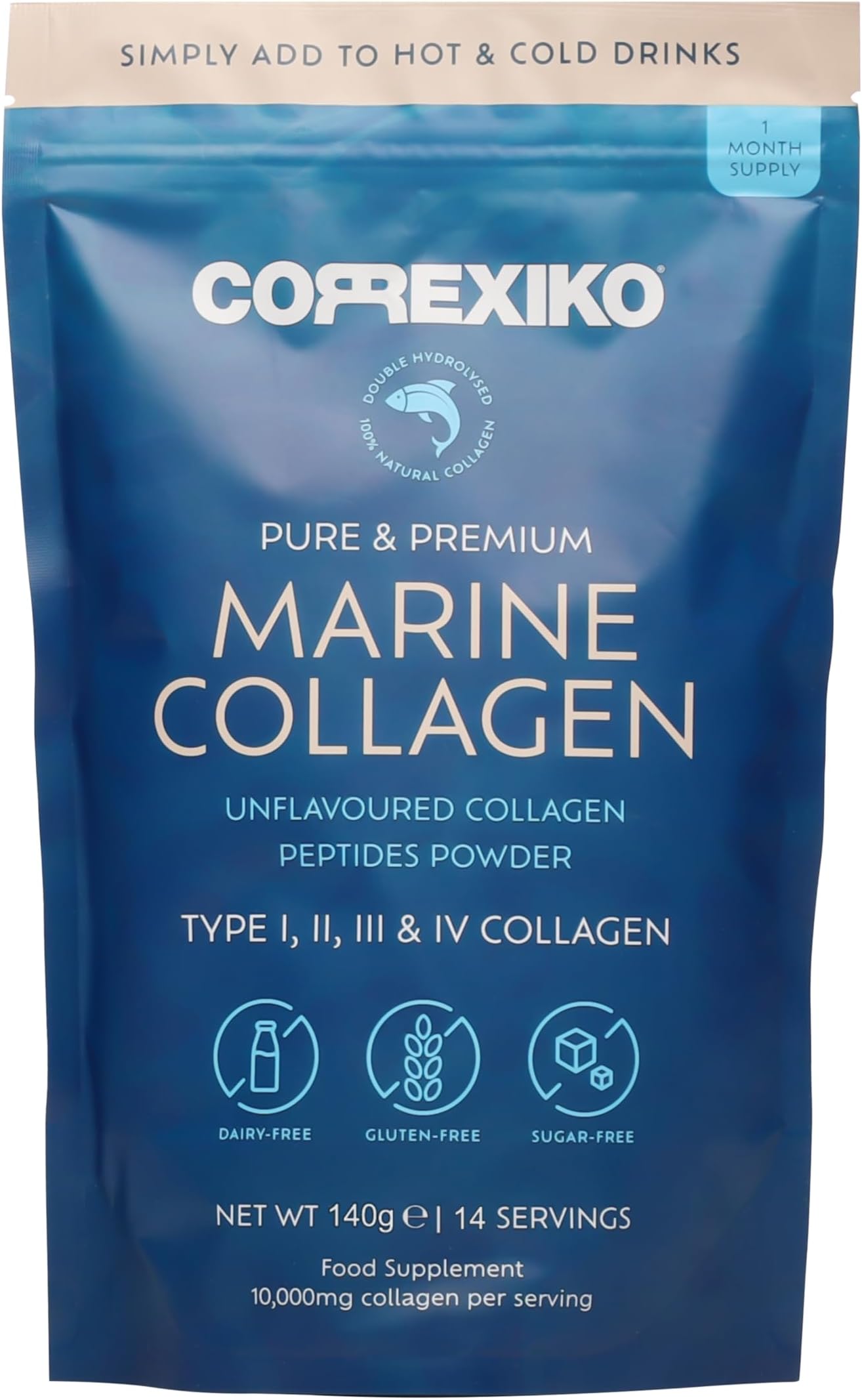 Marine Collagen Powder Supplement Unflavoured - 10,000mg Double Hydrolysed Collagen Peptides per Serving - Formulated for Maximum Absorption - for Hair, Skin & Nails - 140g, 14 Servings