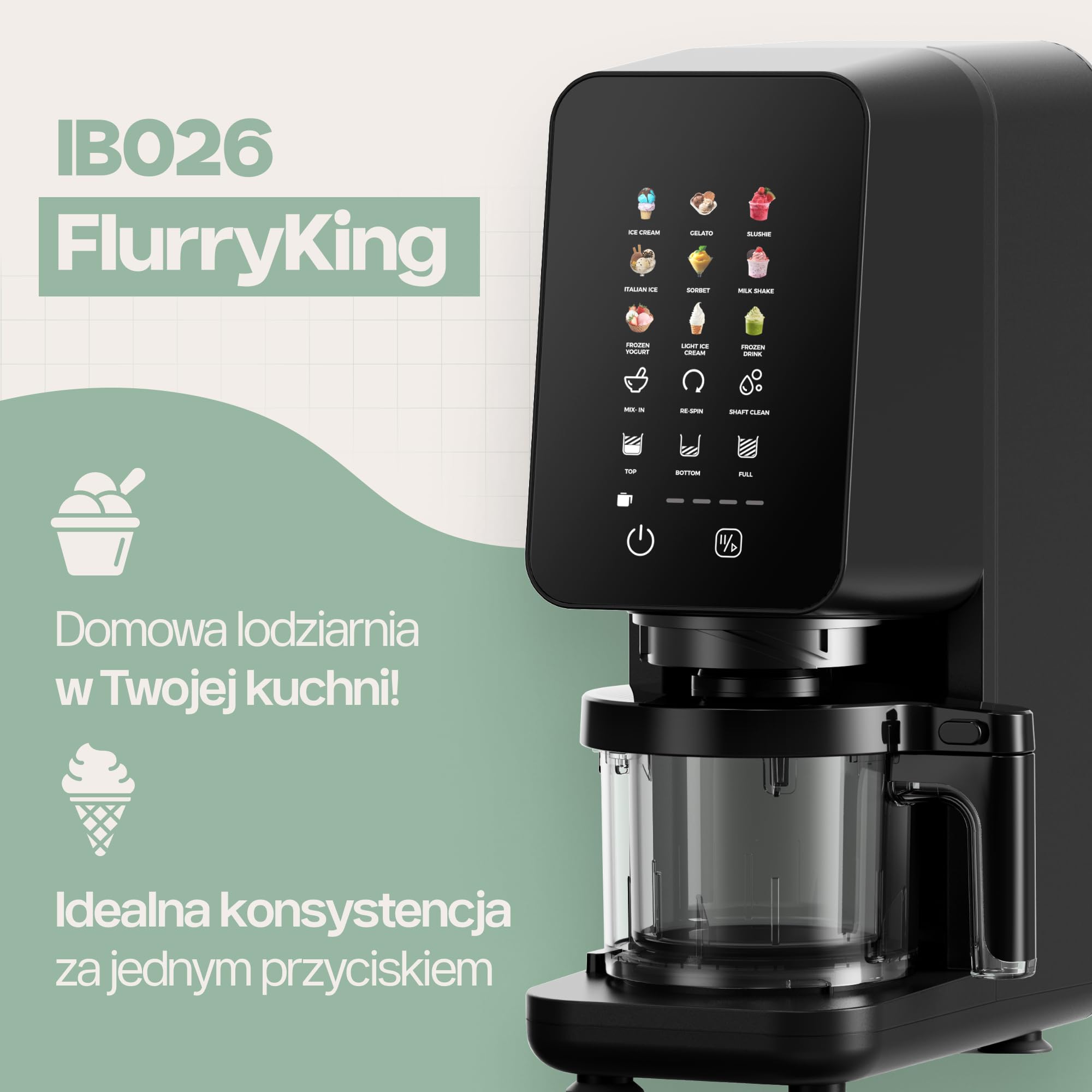4Swiss Maszyna do lodów Urządzenie do Deserów Mrożonych Włoskich Slush Sorbetu Shake Ice Cream z Funkcją Dodawania MIX-In One-Touch Desery Keto Wolne od BPA do Kuchni na Imprezy Lato Czarna – IB026