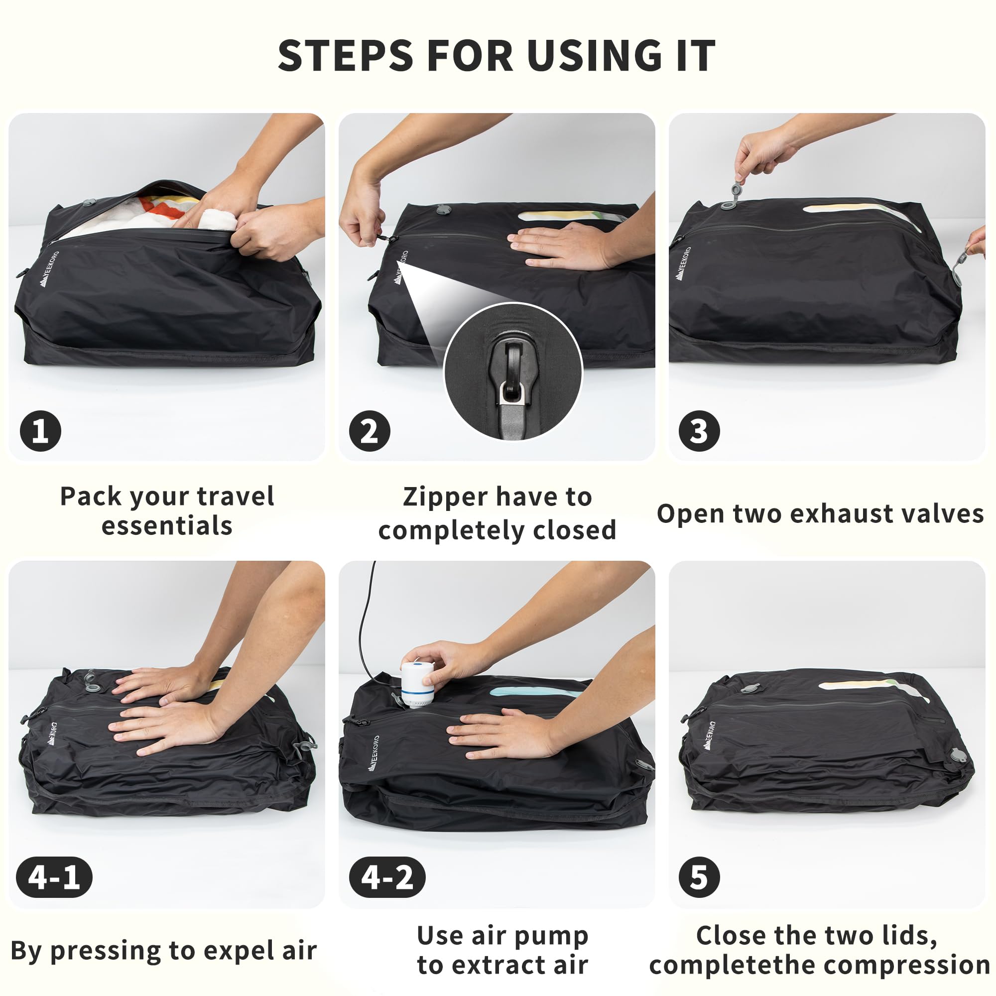 Vakuumbeutel für Reisen, professionelle IPX8 wasserdichte wiederverwendbare Vakuum-Kompressionsbeutel für Reisekoffer, langlebig, platzsparende Tasche (2 Stück, mit Pumpe)