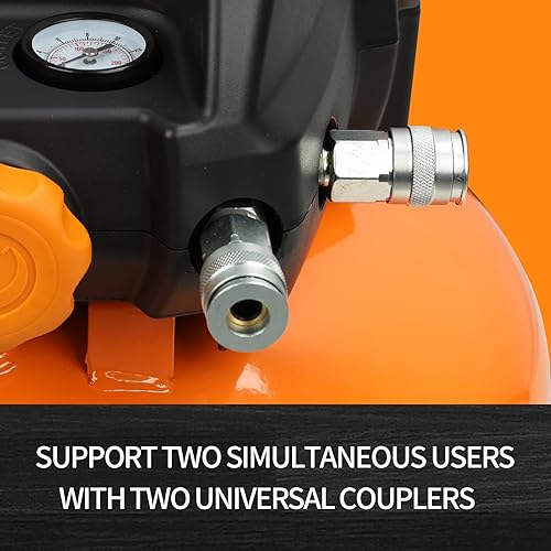 Miniatura 4 de FORNAX Compresor de aire para panqueques con dos acopladores, compresor de aire eléctrico portátil de 6 galones, 150 PSI, sin aceite
