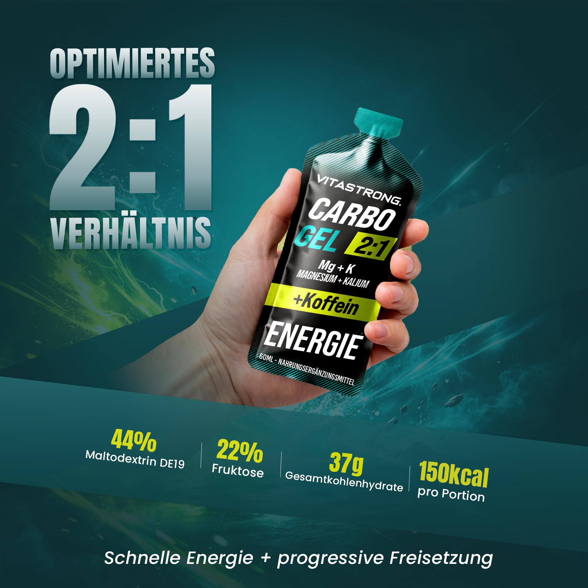 Vitastrong Carbo Gel 2:1 Energy, 24 x 60ml Monodosis, 40g Kohlenhydraten, 56mg Magnesium und 300mg Kalium/Portion, Maltodextrin für Intra-Workout (60ml (24er-Packung), Kohlenhydratgel mit Koffein)