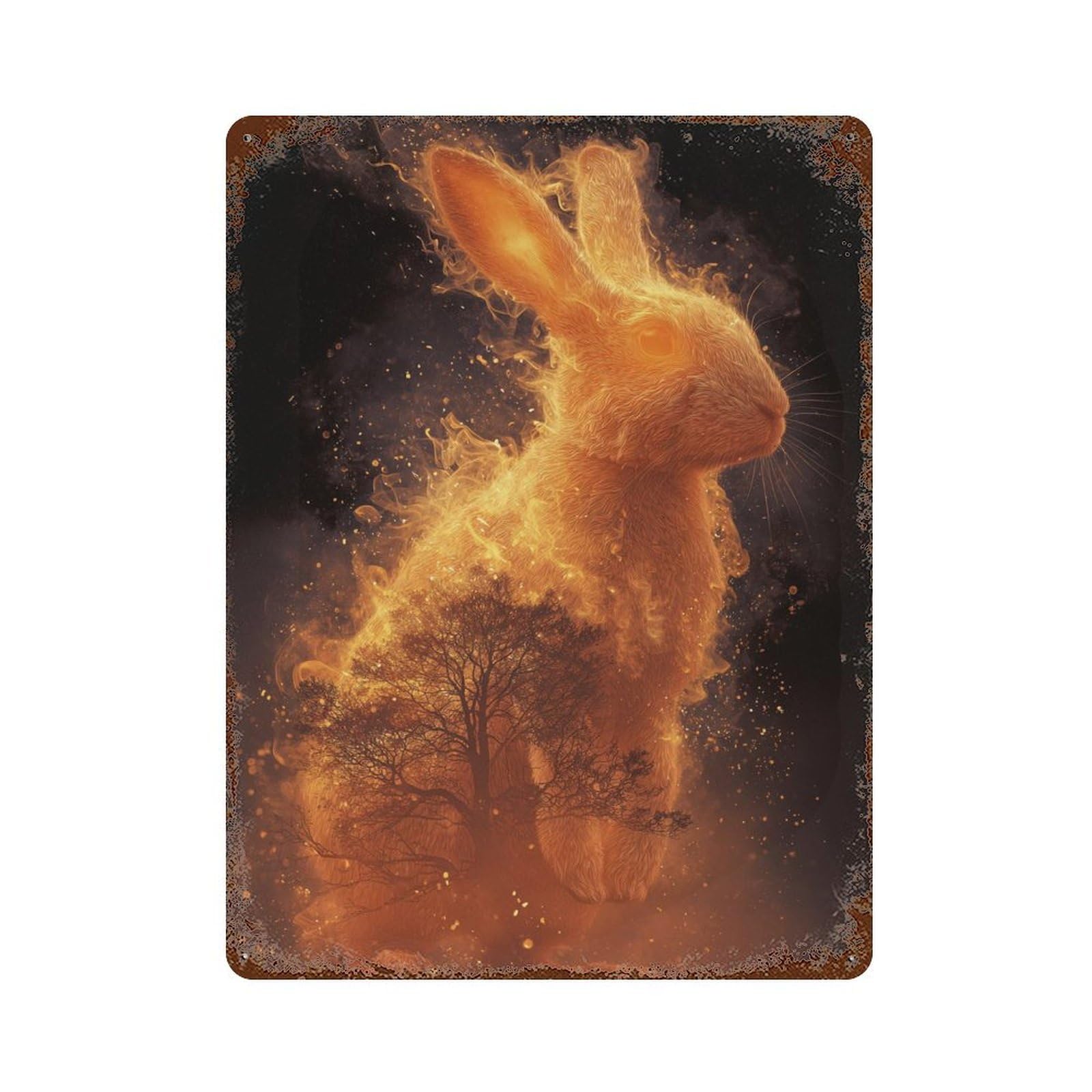 Garage Style Flaming Rabbit Art Print Rustic Tin Plaque 15.7"x11.8", Vintage Wall Decor for Bar And Workshop