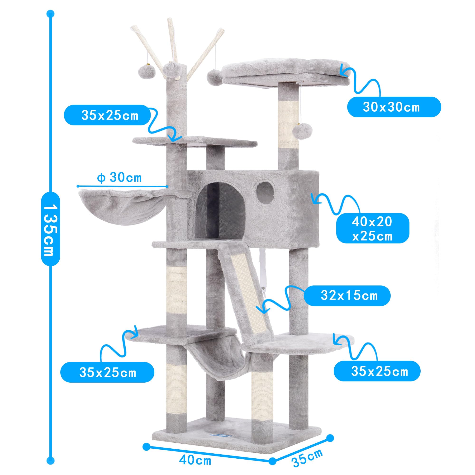 Hey-brother Cat Tree, 135 cm wieża dla kotów domowych, domek dla kota z wyściełanym legowiskiem, piłeczkami, dużym przytulnym mieszkaniem, hamakami i sizalowymi drapakami, jasnoszary EMPJ019-SW