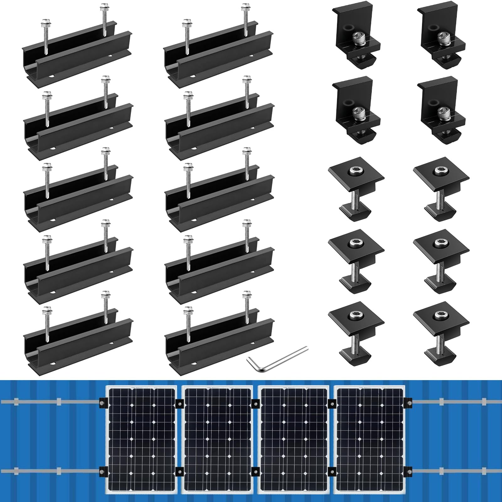 Anbte Solar Panel Mounting Brackets, Included 10 x 4.72 in Rails + 4 end Clamps 40mm + 6 Center Clamps 40mm + 1 Wrench, Aluminum Solar Mounting Kit for 4 Panels, Waterproof, for Roof, RV, Boat, Black