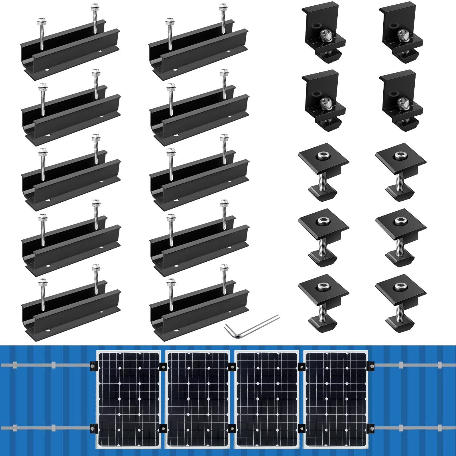 Anbte 10 Piezas Soporte Placas Solares 120mm*25mm AleaciÓn de Aluminio, 4x Abrazadera Final para Panel Solar de 40mm y 6 Abrazaderas Centrales para Caravanas Furgonetas Cobertizos Color Negro