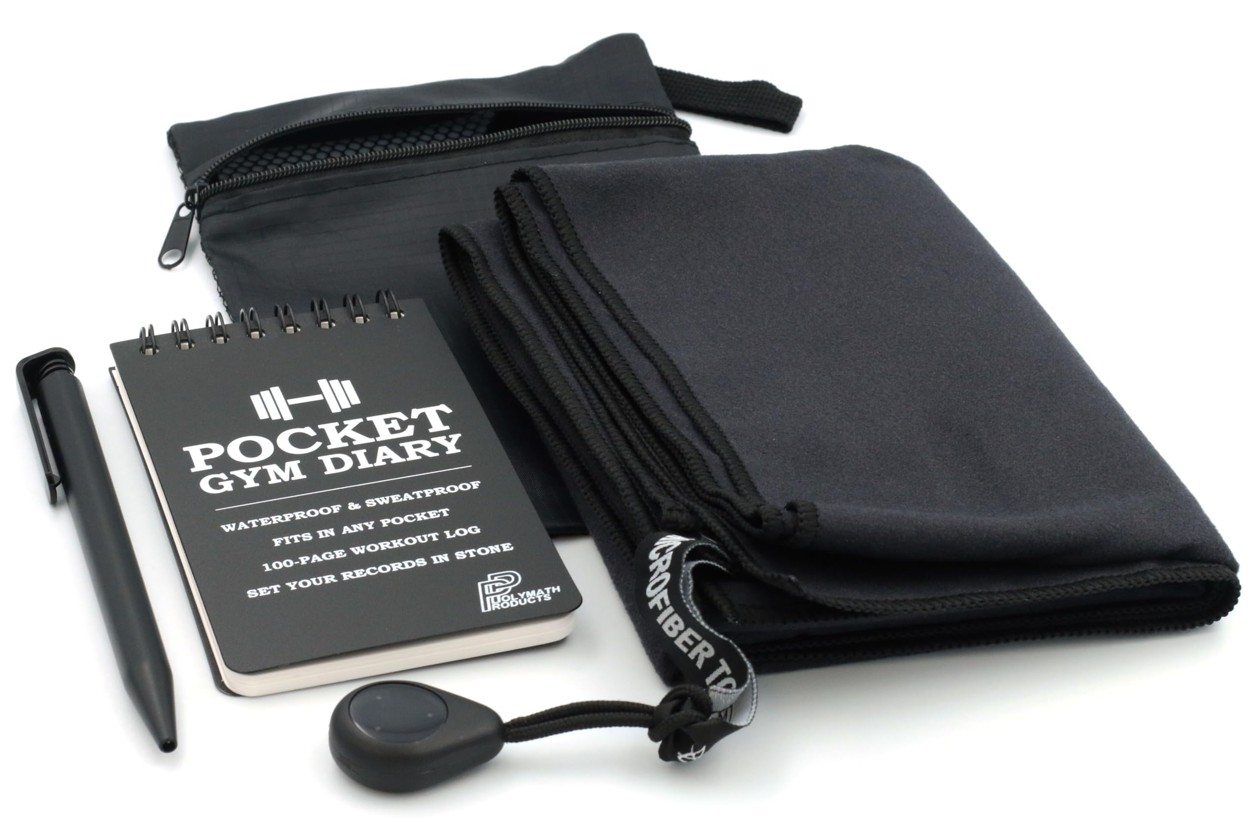 Gym Accessory Pouch Set – Includes microfibre towel, waterproof Pocket Gym Diary, pen, zip-up storage bag and strong magnetic attachment loop.