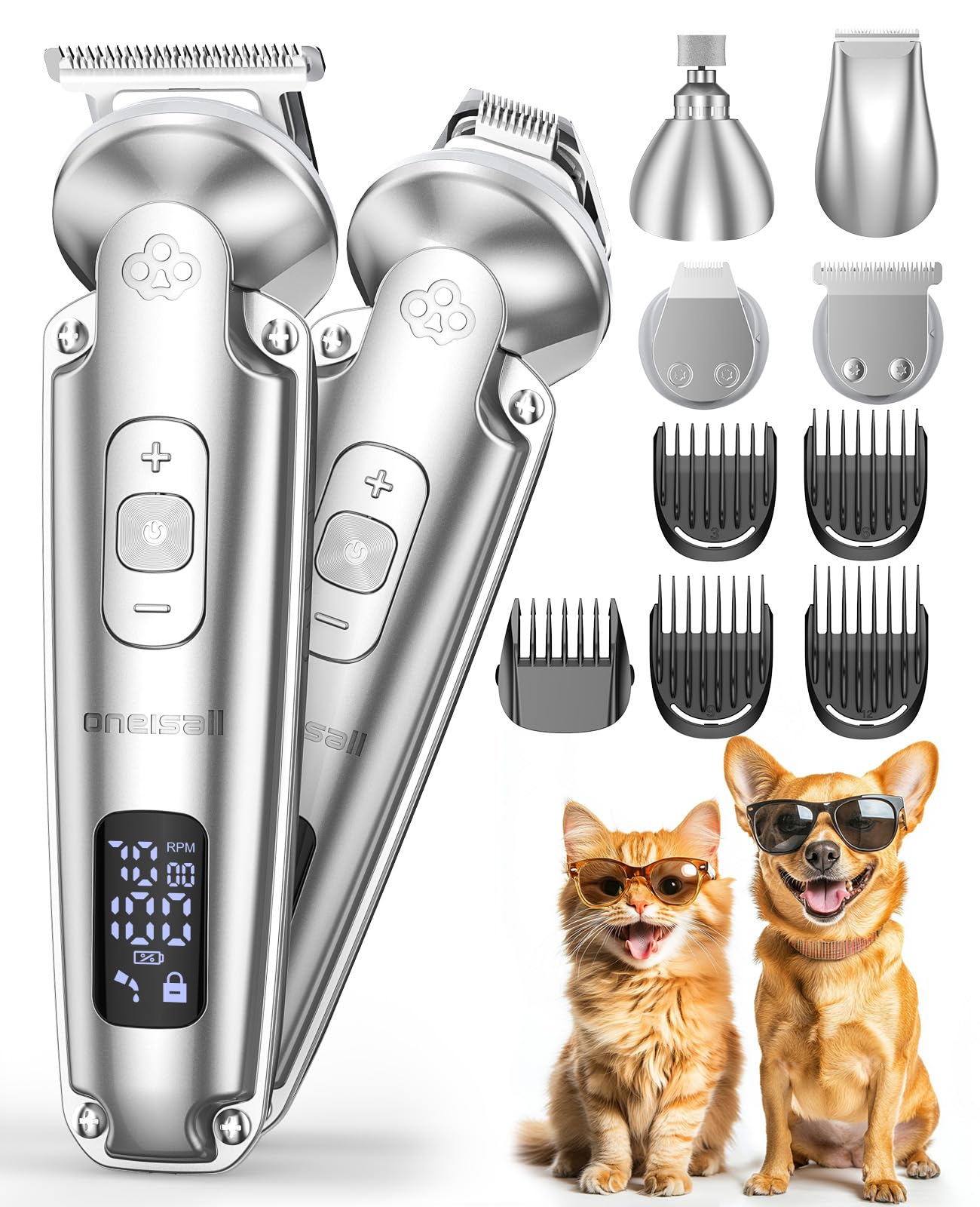 oneisall 4 in 1 Tosatrice per Cani Gatti Professionale, IPX7 Impermeabile Rasoio per Cani pelo lungo, Silenziosa Taglia peli Cane con 7000 RPM motore potente