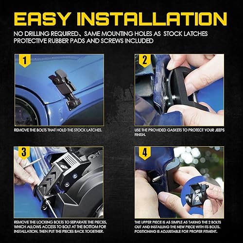 Miniatura 27 de Xprite Pestillos de aluminio morado para capó con bandera de Estados Unidos, kit de pestillos ajustables para capó compatible con Jeep Wrangler JK