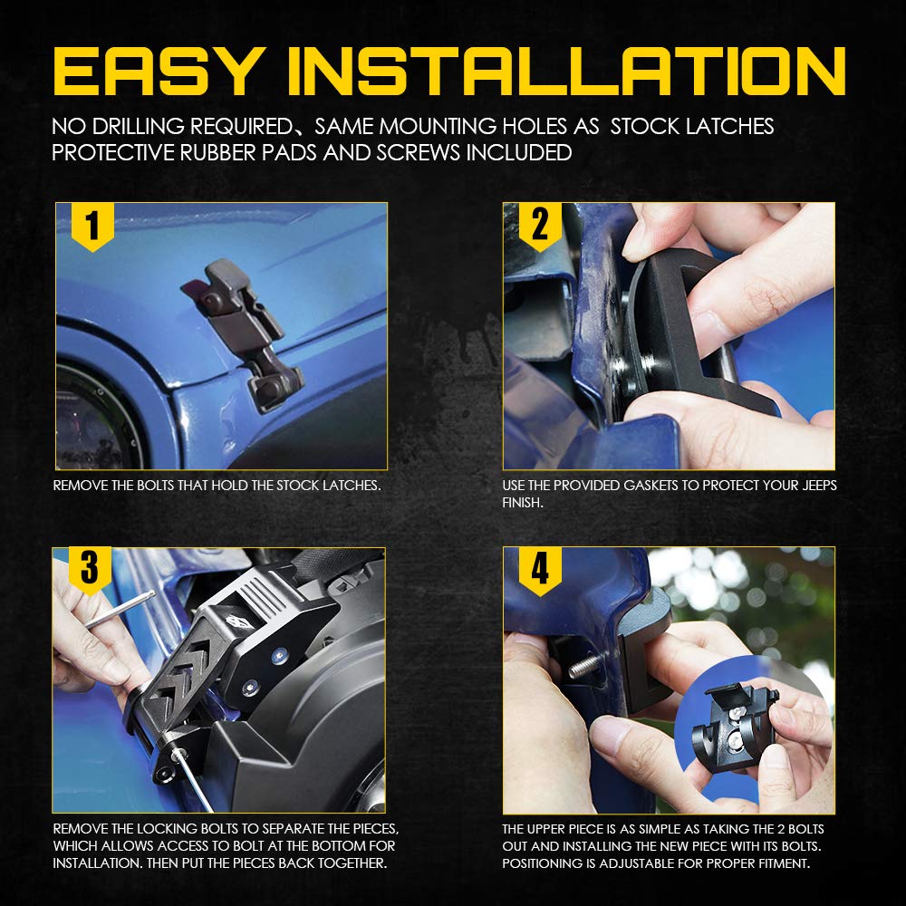 Xprite Kit di chiusura per cofano in alluminio per Jeep Wrangler JK JKU 2007-2018 e 2018-2021 Jeep Wrangler JL JLU Gladiator JT - Coppia