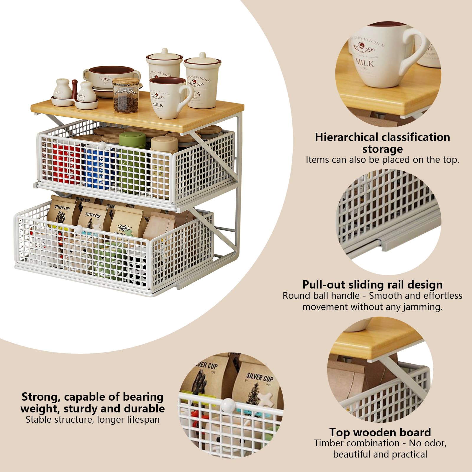 Metall Küchenorganizer Arbeitsplatte, Ausziehbare Schubladen, Multifunktionaler Tisch-Aufbewahrungsregal für Snacks, Teebeutel, Kaffeemaschine, Platzsparender Organizer (Weiß+Naturholzfarbe)