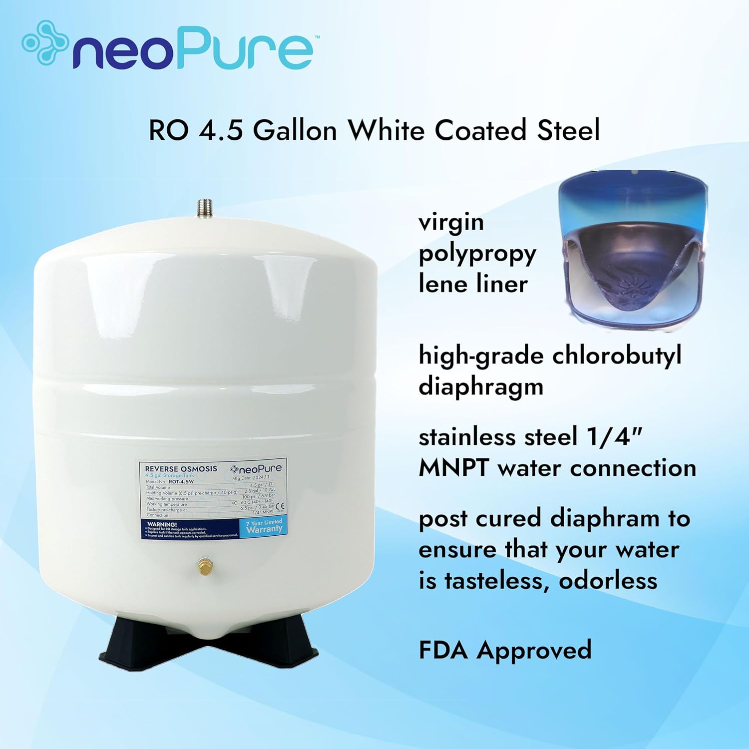 Neo-Pure Reverse Osmosis Storage Tank – 4.5 Gallon Nominal Capacity (Approx. 3.0 Gallon Usable), Durable Steel RO Tank for Under-Sink Filtration Systems, Includes Shut-Off Valve