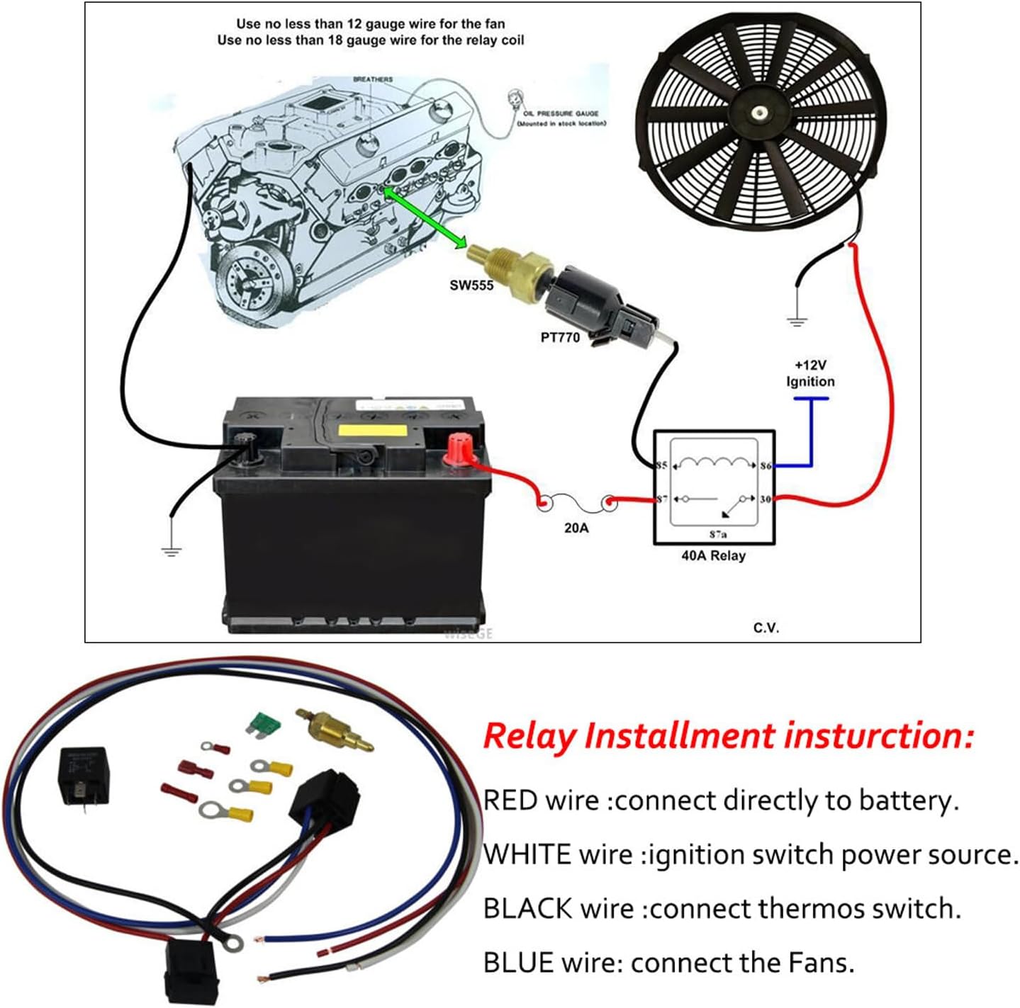 Aluminum Radiator Shroud Fan For 1967 1968 Ford Galaxie LTD/Mercury Marquis V8 With Thermostat Relay Kit 14''fan