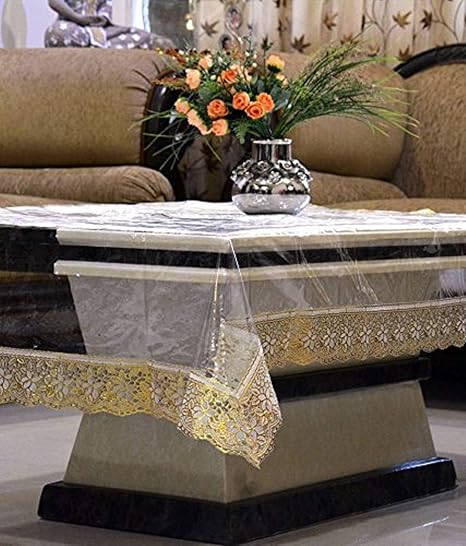 Oneness Fashion Polyvinyl Chloride Bordered Square Centre Table Cover Transparent with Golden Lace (48 x 48 inches,Pack of 1)