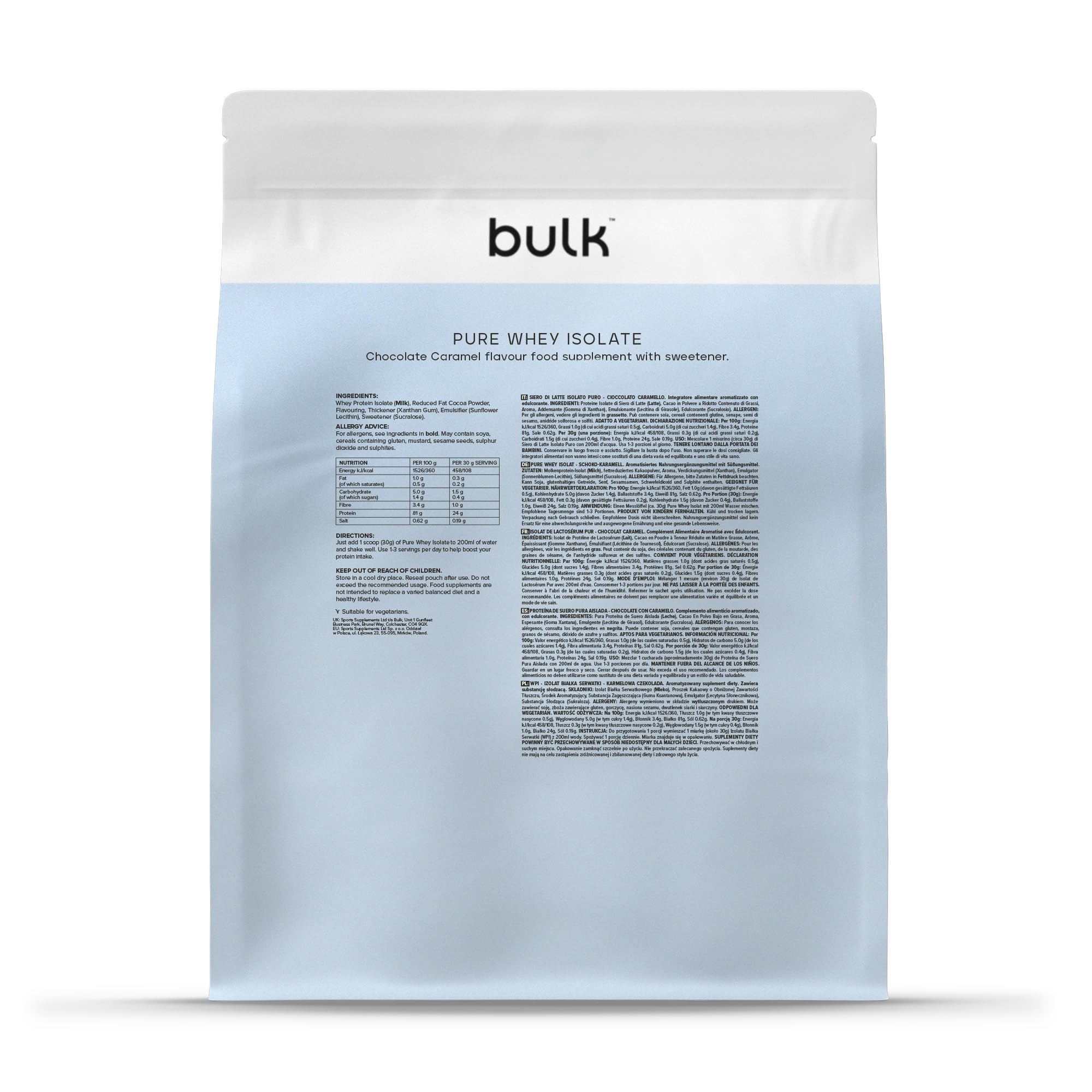 Bulk Pure Whey Isolate | Chocolat Caramel | 25g de protéines portion | Isolat de lactosérum | Faible en sucre | Faible en matières grasses | Absorption rapide | Contribue au maintien musculaire | 1kg