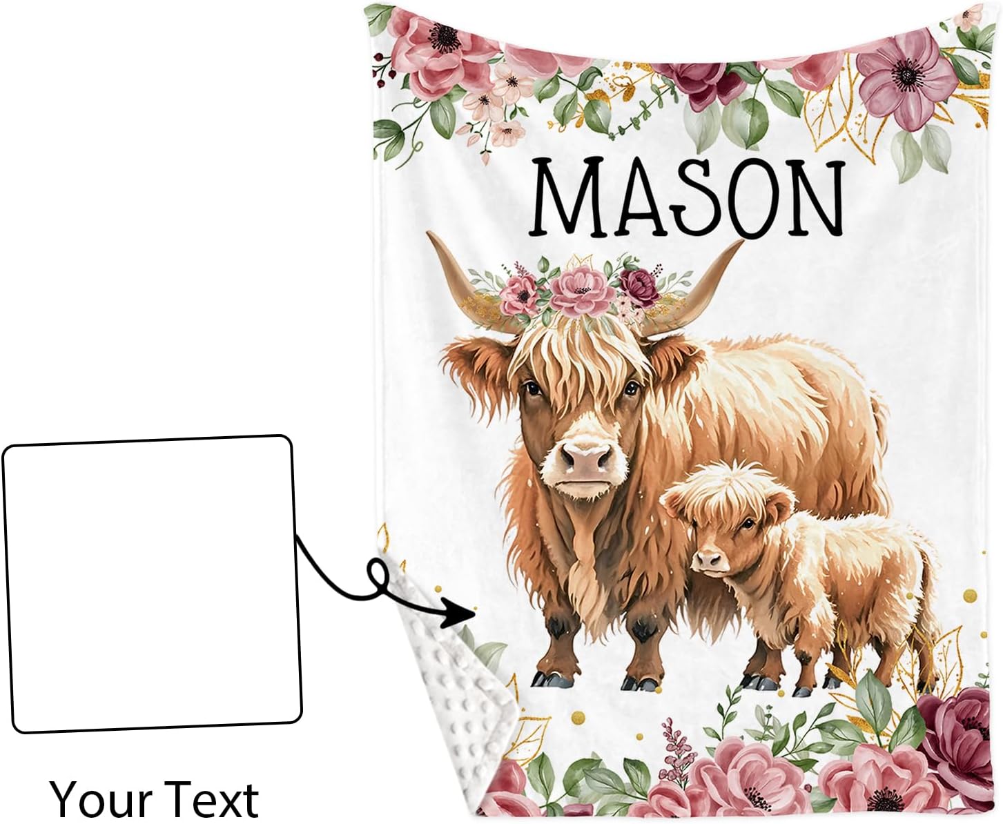 Personalized Crib Bedding Set for Girls, Custom Baby Crib Sets with Name, Flower Highland Cow Theme Nursery Bedding,2 Piece Crib Sets - Soft Blanket with Double Layer Dotted Backing, Crib Fitted Sheet