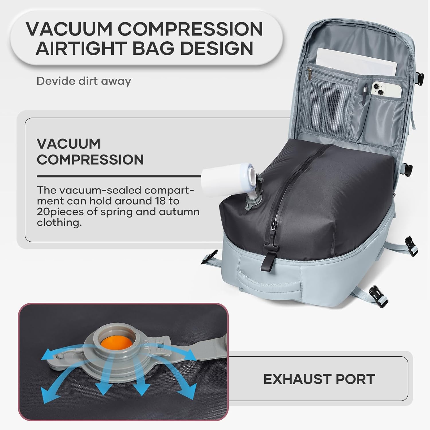 Vacuum Compression Backpack, Travel Vacuum Backpack with Electric Vacpack Pump, Flight Approved Carry On Personal Item Suitcase Luggage for Men Women, Light Blue - Image 5