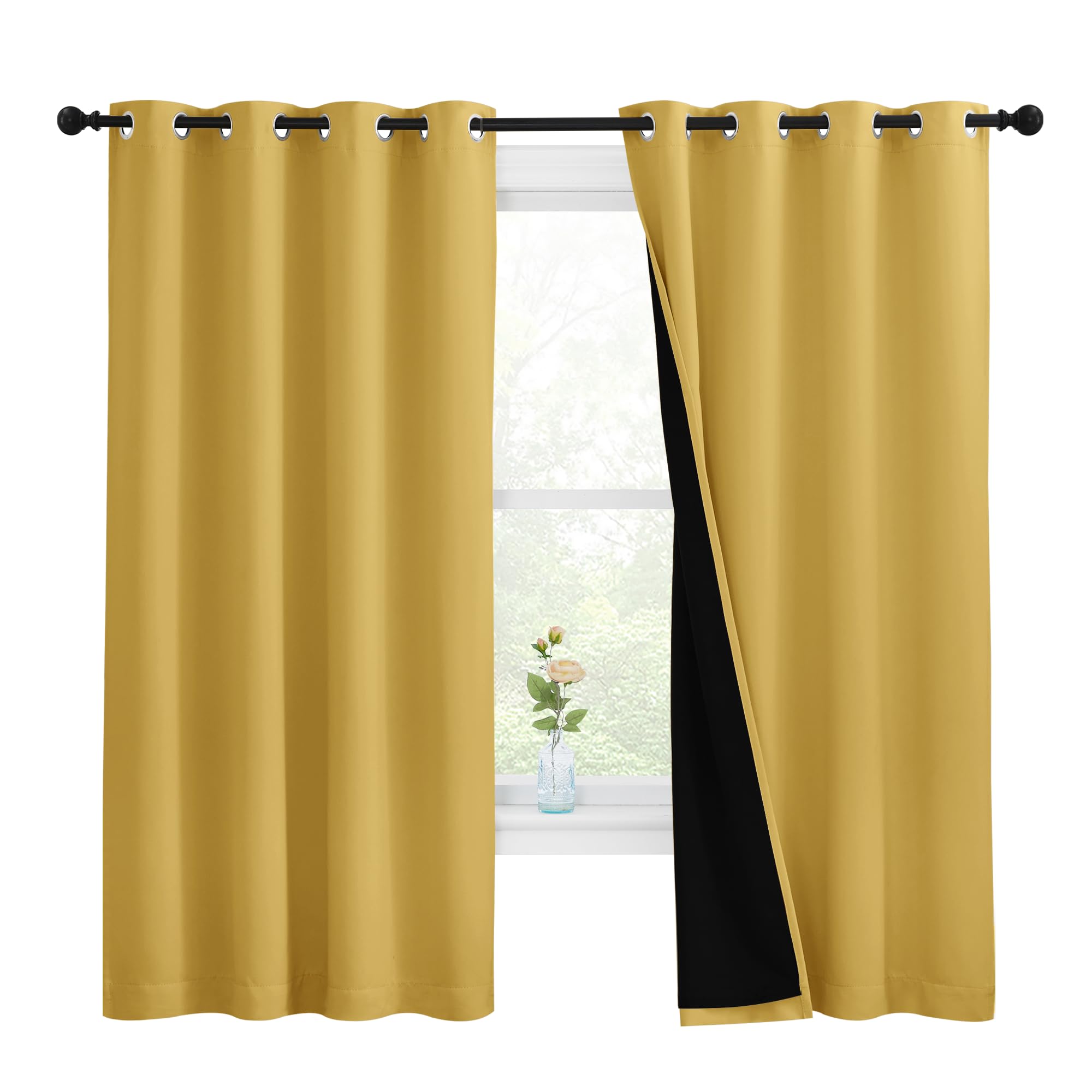 NICETOWN 100% Blackout Curtains with Black Liners, Thermal Insulated Full Blackout 2-Layer Lined Drapes, Energy Efficiency Window Draperies for Bedroom (Bright Yellow, 2 Panels, 55" W by 68" L)