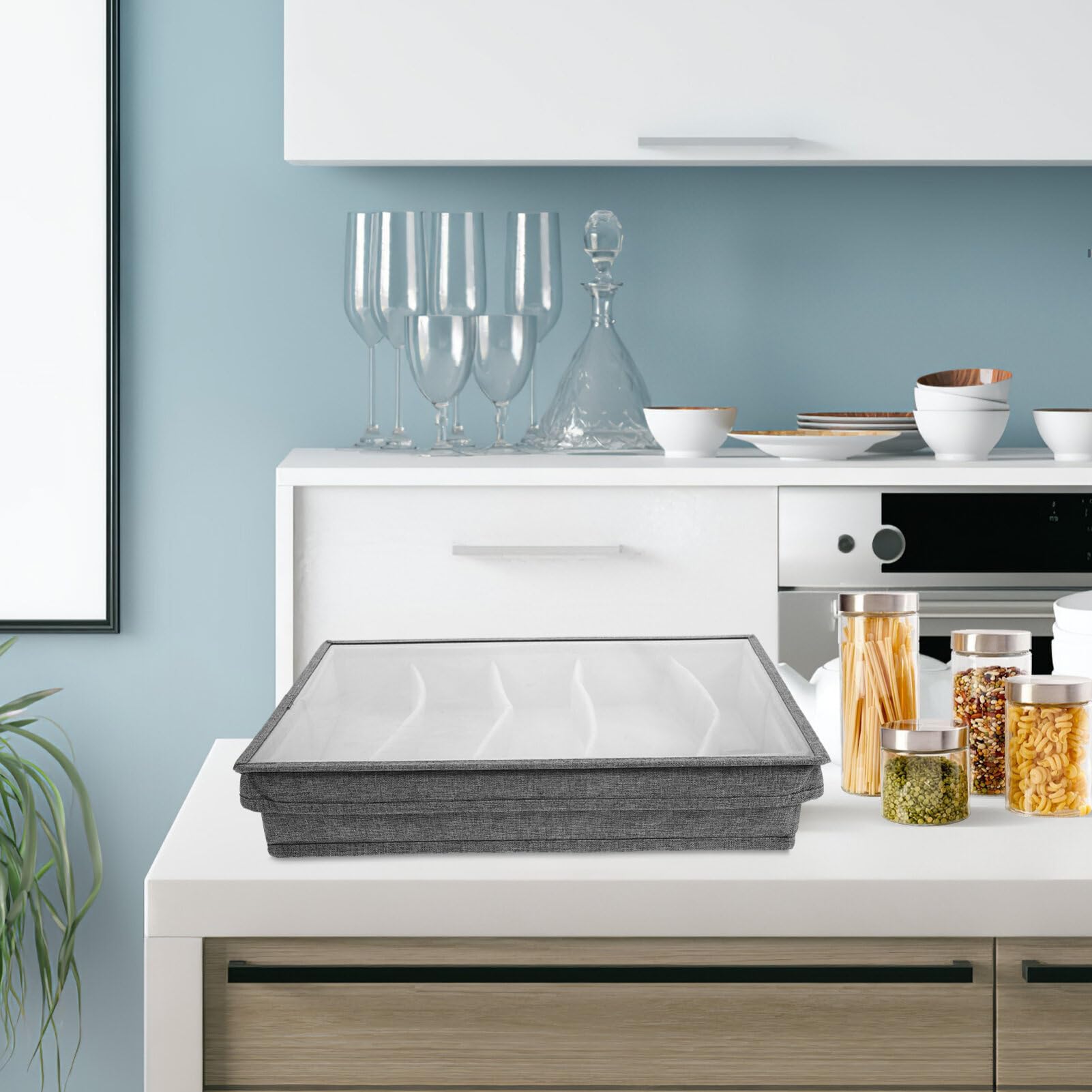 Caja De Almacenamiento para Cubiertos Y Utensilios Caja De Almacenamiento para Cubiertos Cofre con Divisores Ajustables Soporte para Almacenamiento De Cubiertos con Tapa para
