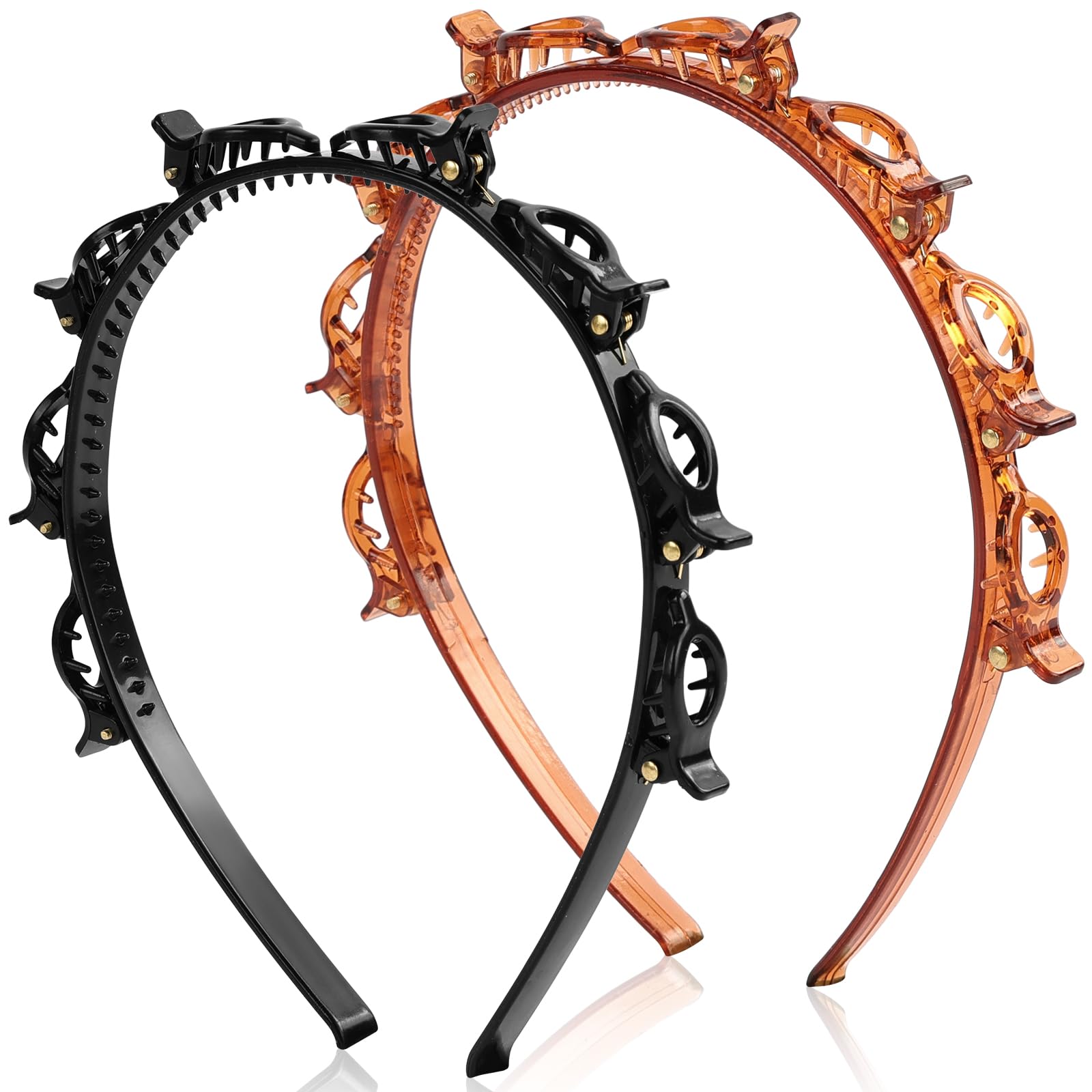 Diadema con Pinzas 2 Piezas para Mujer, Clips de Plástico, Banda para el Cabello con Horquillas, Doble Trenza, Doble Flequillo (Negro+Rojo)