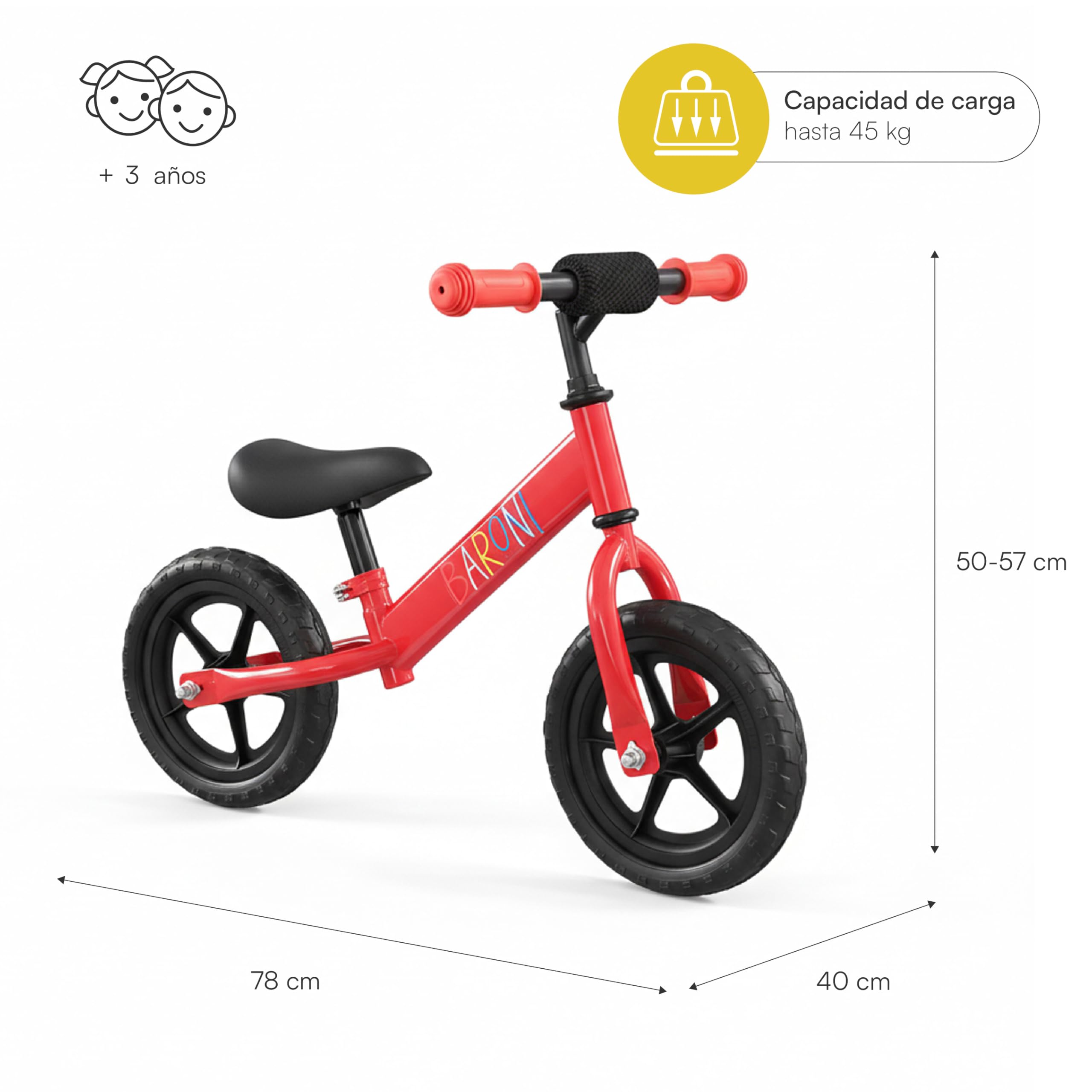 Baroni Toys Bicicleta sin pedales para niños a partir de 3 años, bicicleta equilibrada con manillar y sillín ajustables, ruedas perforadas antideslizantes, capacidad de carga 45 kg, ideal para