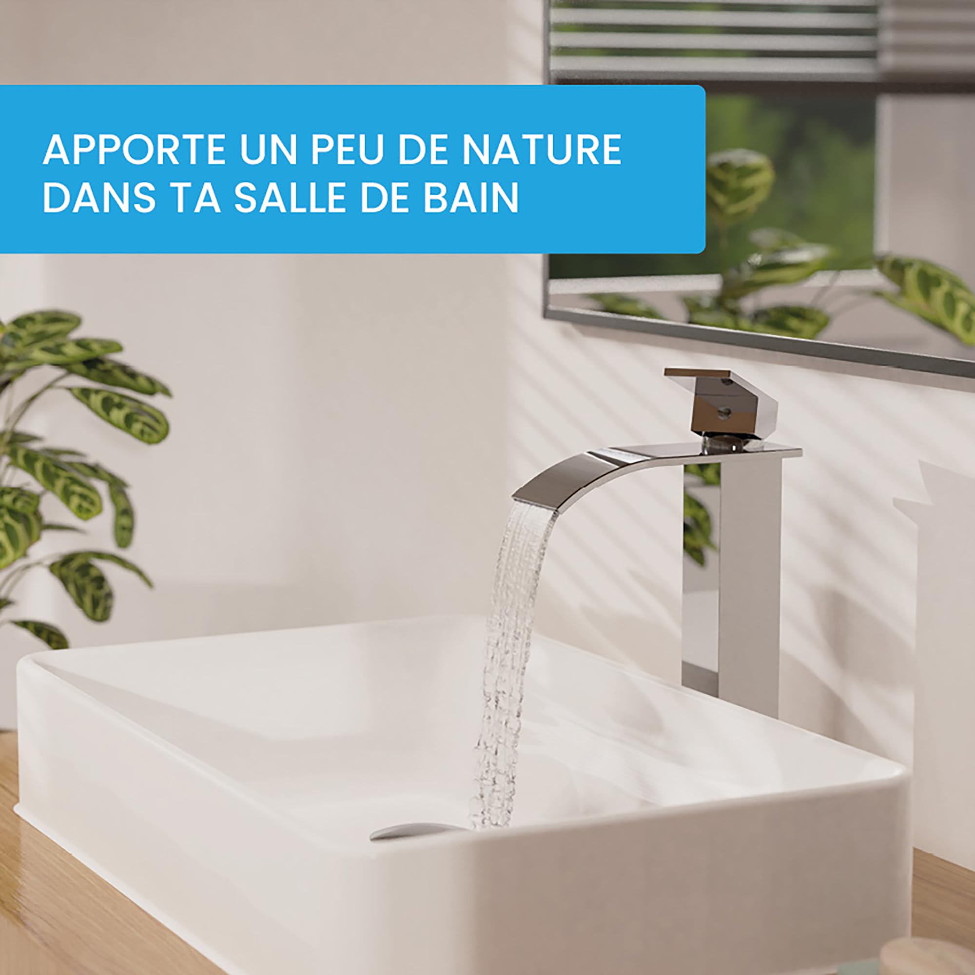 Bächlein Robinet de salle de bain en forme de cascade - Mitigeur monocommande extra haut avec kit de montage pour lavabo à poser - Chromé