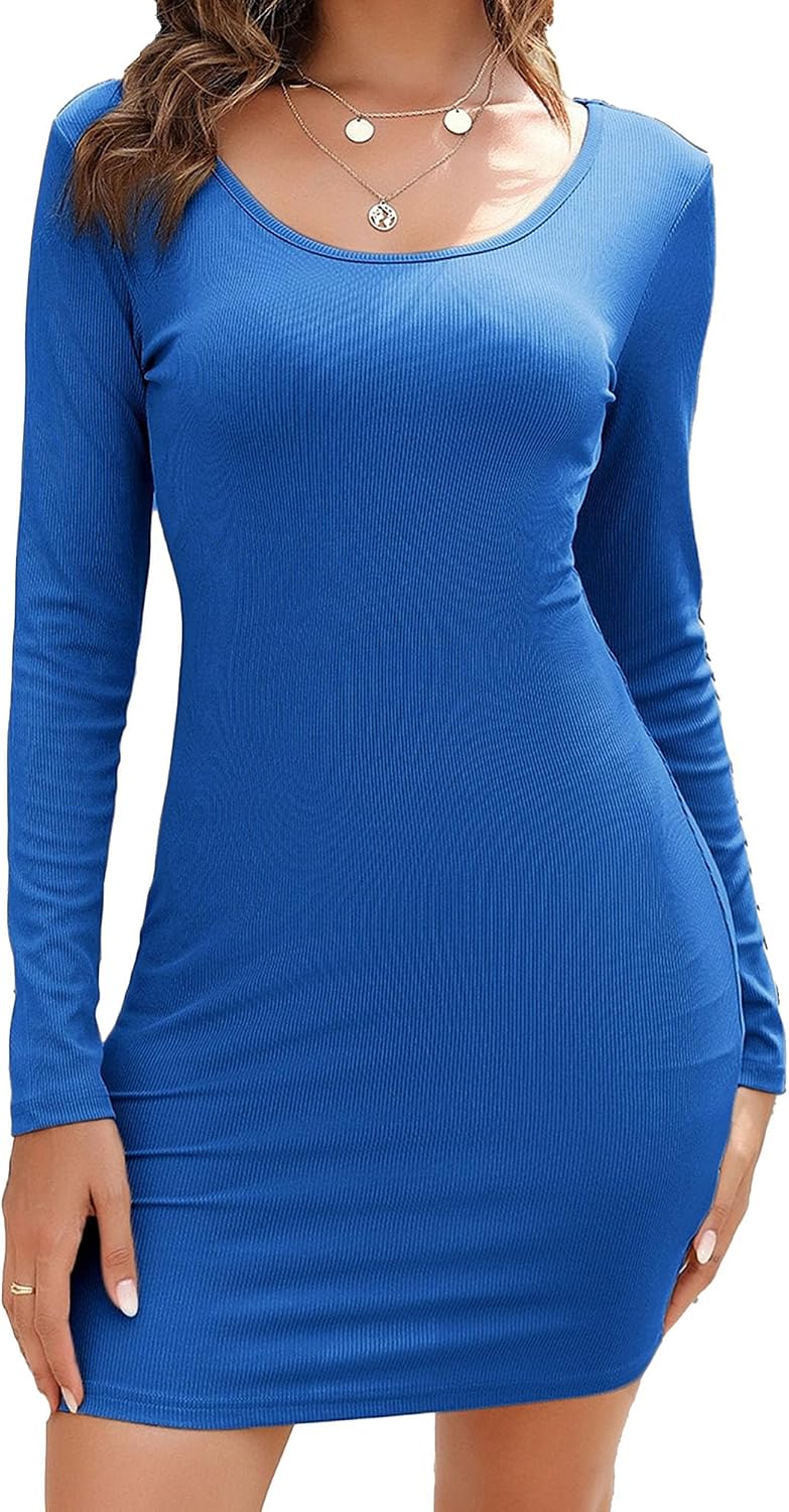 Women's Long Sleeve U Neck Dress Sexy Ribbed Tank Basic Bodycon Mini Club Dress Casual Swing T-Shirt Loose Pencil Dress