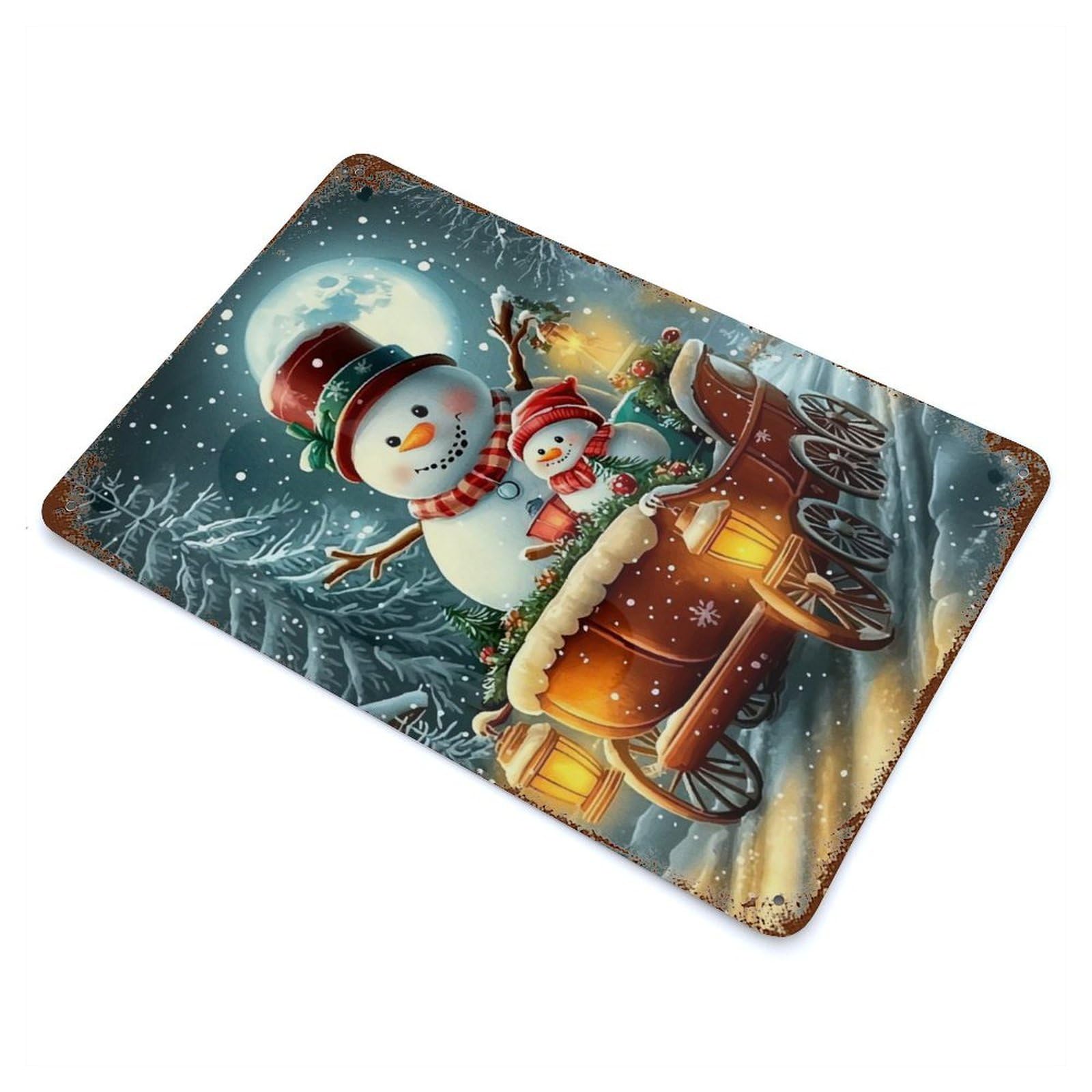Snowman Sleigh Winter Scene Rust Effect Tin Sign 11.8"x7.9", Ideal for Shed, Workshop And Garage Wall Decor