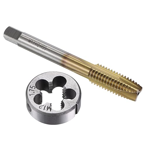 uxcell Juego de grifos y troqueles métricos M12 x 1.75, HSS (acero de alta velocidad) chapado en titanio, rosca de rosca redonda de acero de aleación