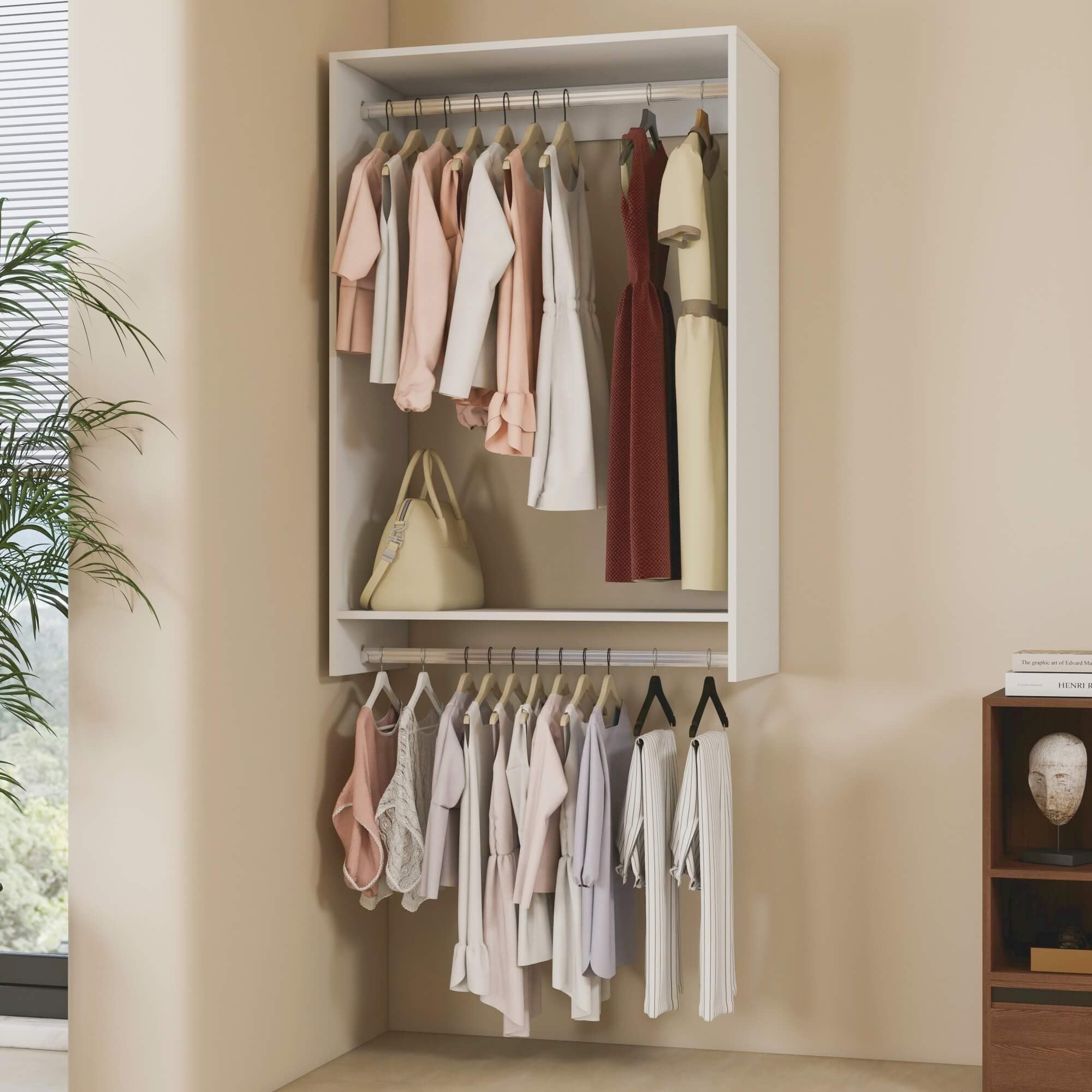 Nesbsakte Modular Closet Organizer System with 2 Hangingrods Shelves Wall Mount Shelving for Walk in Closet Bedroom Organization Built in Clothes Storage White 31.5''L x 15.75''W x 47.24''H