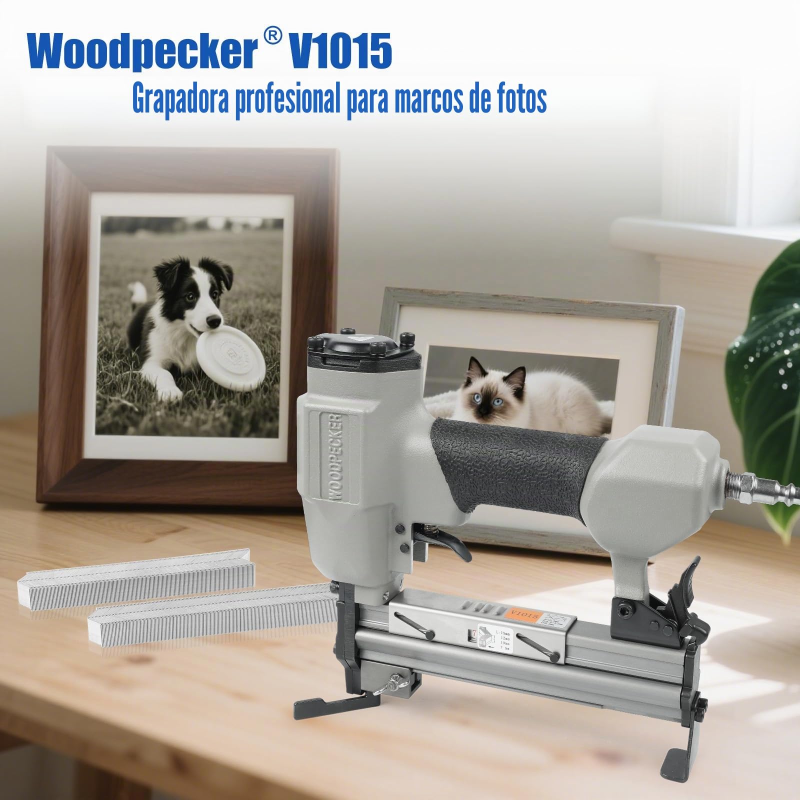 Woodpecker V1015 - Clavadora neumática para marcos de fotos | Se adapta a clavos en V de 7 mm a 15 mm (0.27 a 0.69 pulgadas), engrapadora de marco o unión para enmarcar fotos
