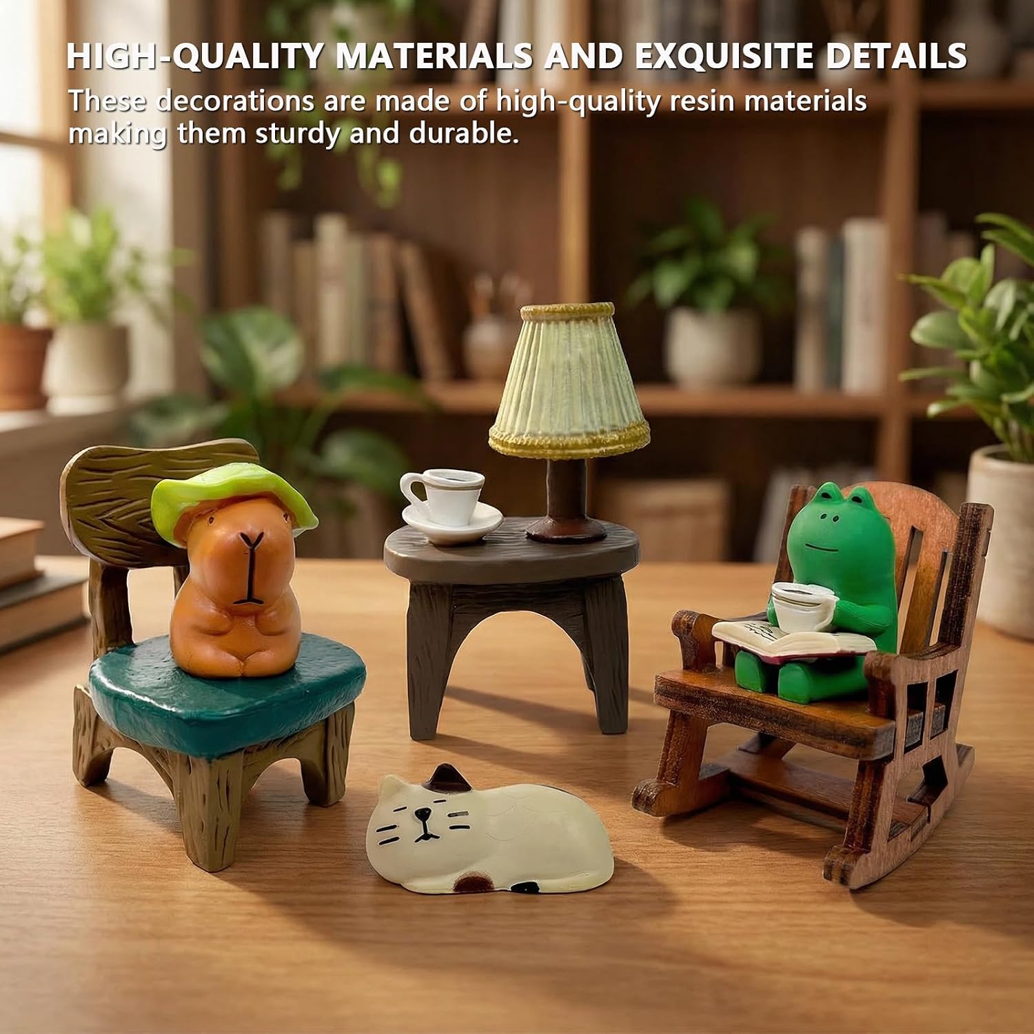 Miniature Frog Figurines Set, Adorable Frog Desk Decor with Chair & Table, Cute Collectible Resin Animals for Office Home Bedroom Gifts image 3