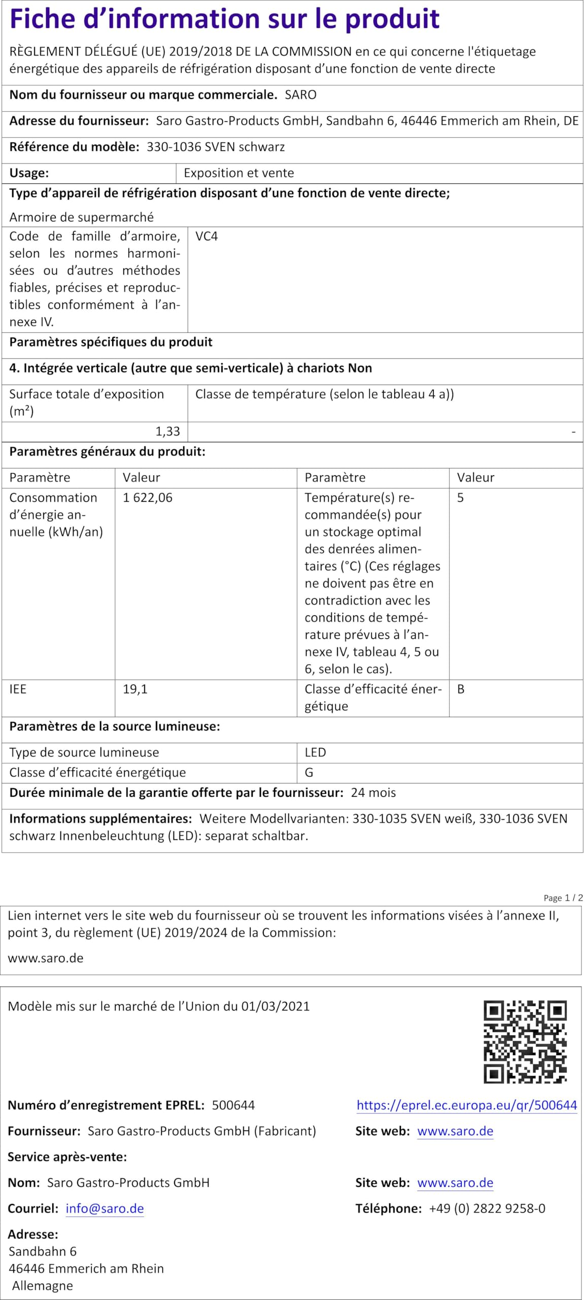 SARO SVEN - Vetrina refrigerante da 235 l, raffreddamento a ricircolo, controllo digitale della temperatura 0/+12 °C, illuminazione a LED, 4 griglie regolabili, sbrinamento automatico, plastica nera