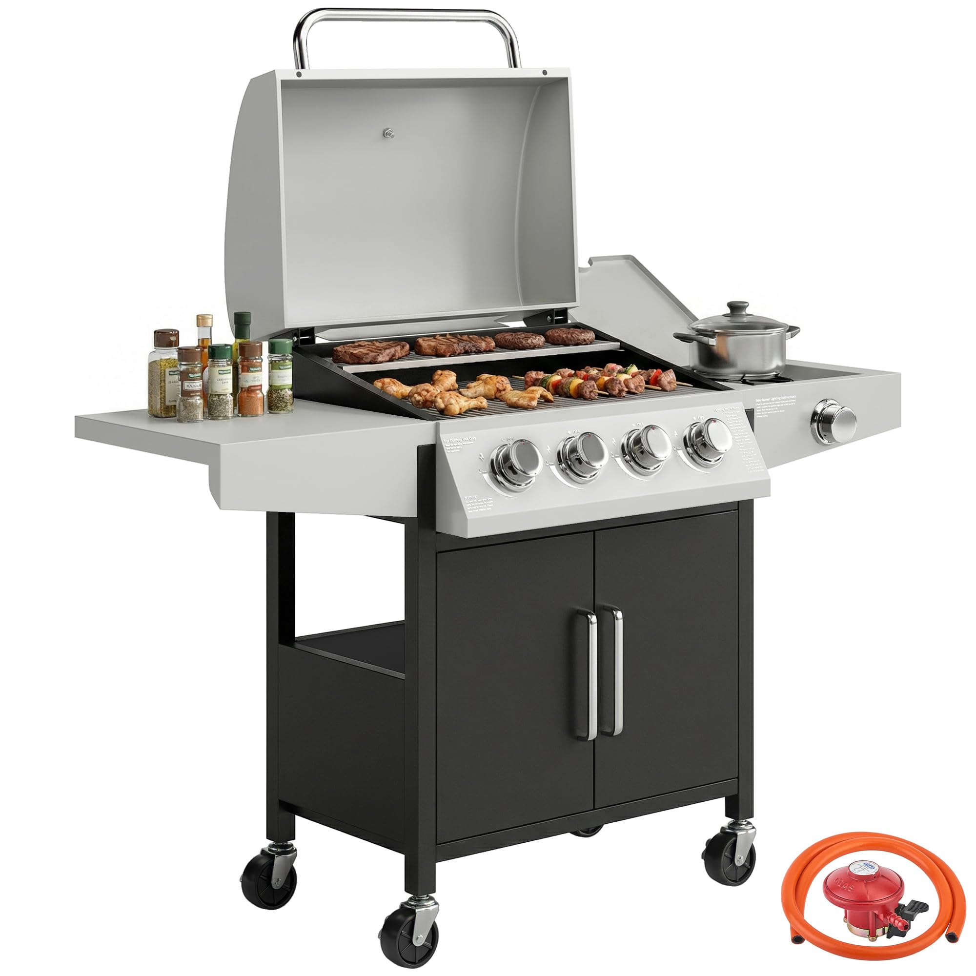 Outsunny Unisex Silver 4+1 Burner Gas Bbq Grill With Side Burner, 14.5 Kw Gas Grill In
