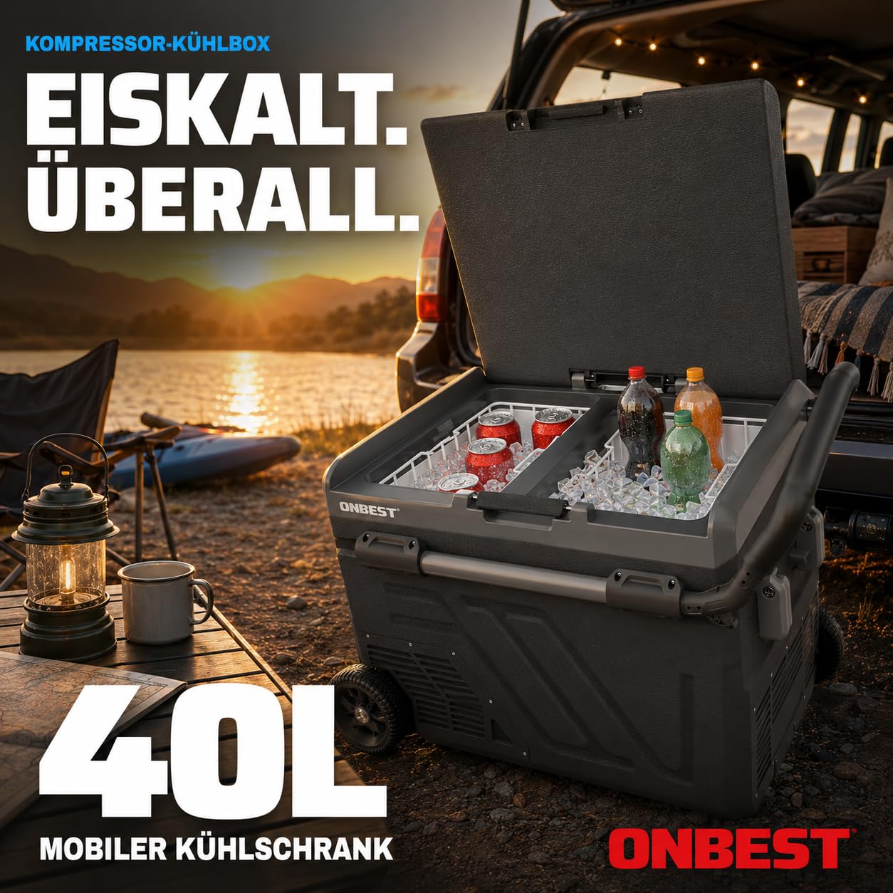 ONBEST Kompressor Kühlbox 40L 12V 230V Elektrische Gefrierbox Teleskophandgriff Mobile Autokühlbox