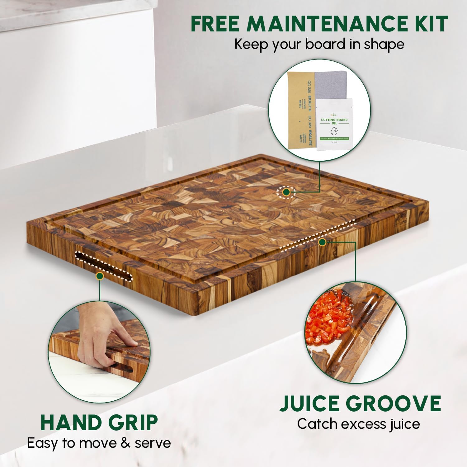 BEEFURNI Teak Wood End Grain Cutting Board (M, 18x14x1.5"), Wooden Cutting Boards for Kitchen with Juice Groove Hand Grip, Durable Serving Board, Charcuterie Boards, Christmas Gifts, 1 Year Warranty