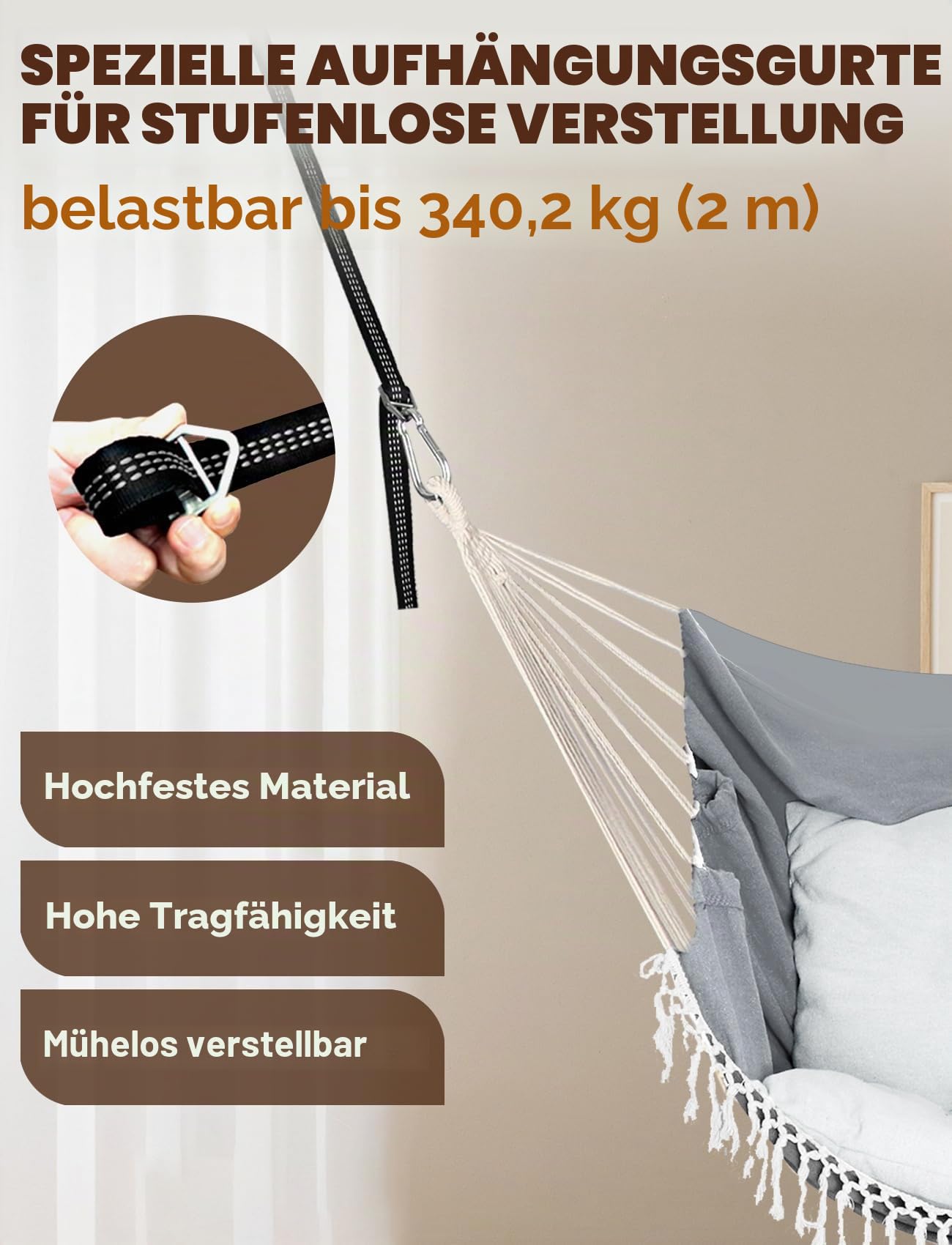 Chihee Hängesessel Hängende Schaukel 2 Sitzkissen enthalten,Starke Gurtbänder und Haken Einfach hängen Hängesessel aus weichem Baumwollgewebe Seitentasche Groß Quaste Stuhlset Komfort drinnen draußen