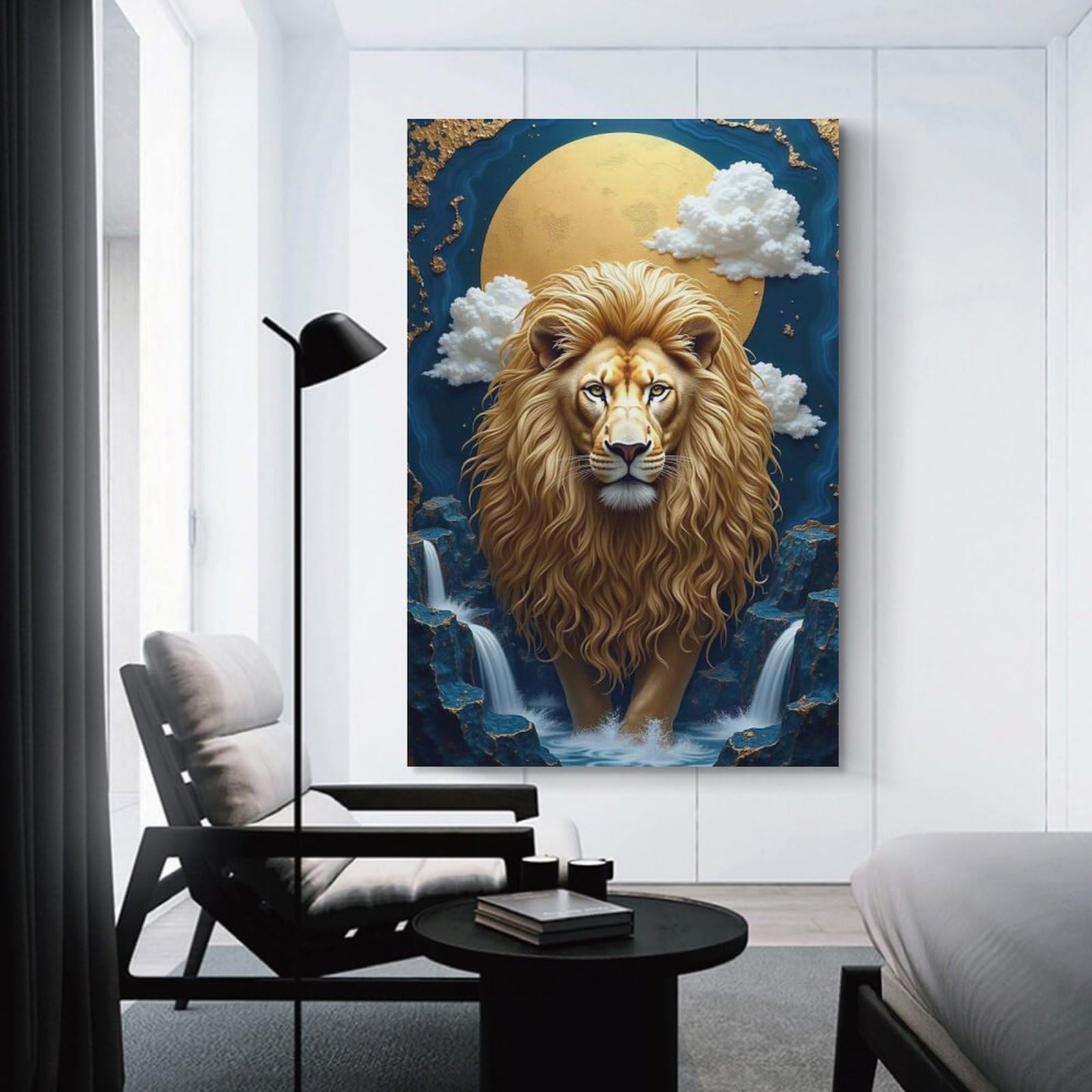 Junmoney Majestic Lion in A Celestial Waterfall Hanging Wall Art, 12x18inch(30x45cm), for New Homes, Bedrooms Or Workspaces, Thoughtful Wall Decor for Art Lovers