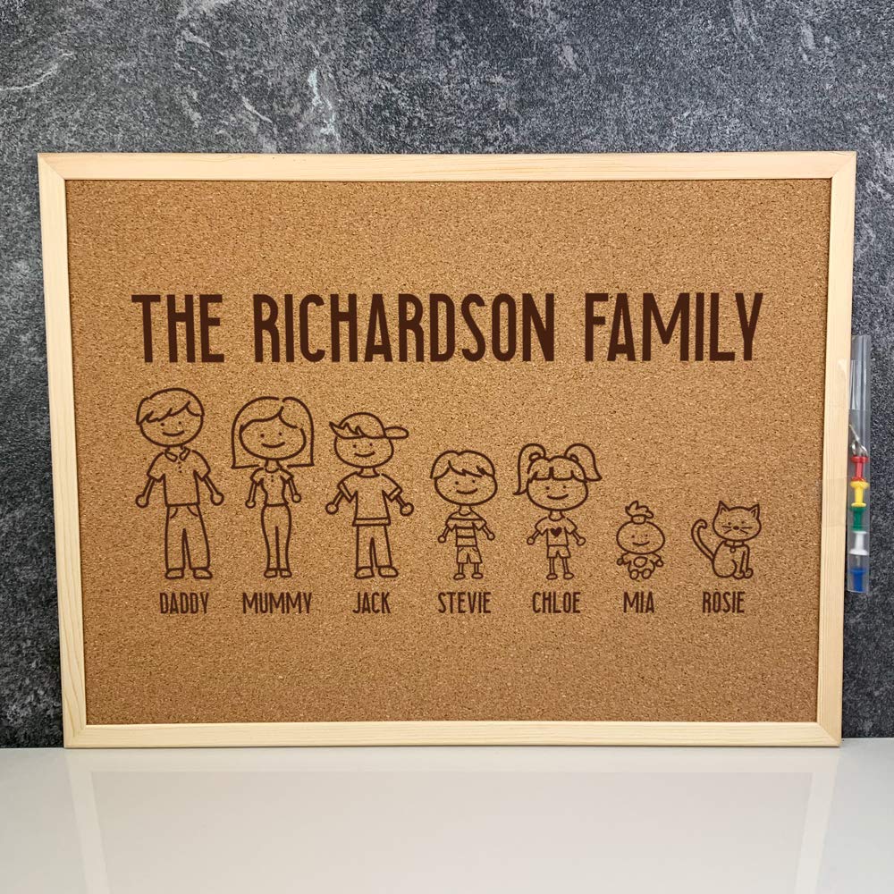 eBuyGB Personalised Hand Drawn Family Portrait Memo Cork Board, Mother's Day Gift, Stick Figures, Family Name, Pin Notice Board with Fixings, Housewarming, Birthday, Wedding Gift