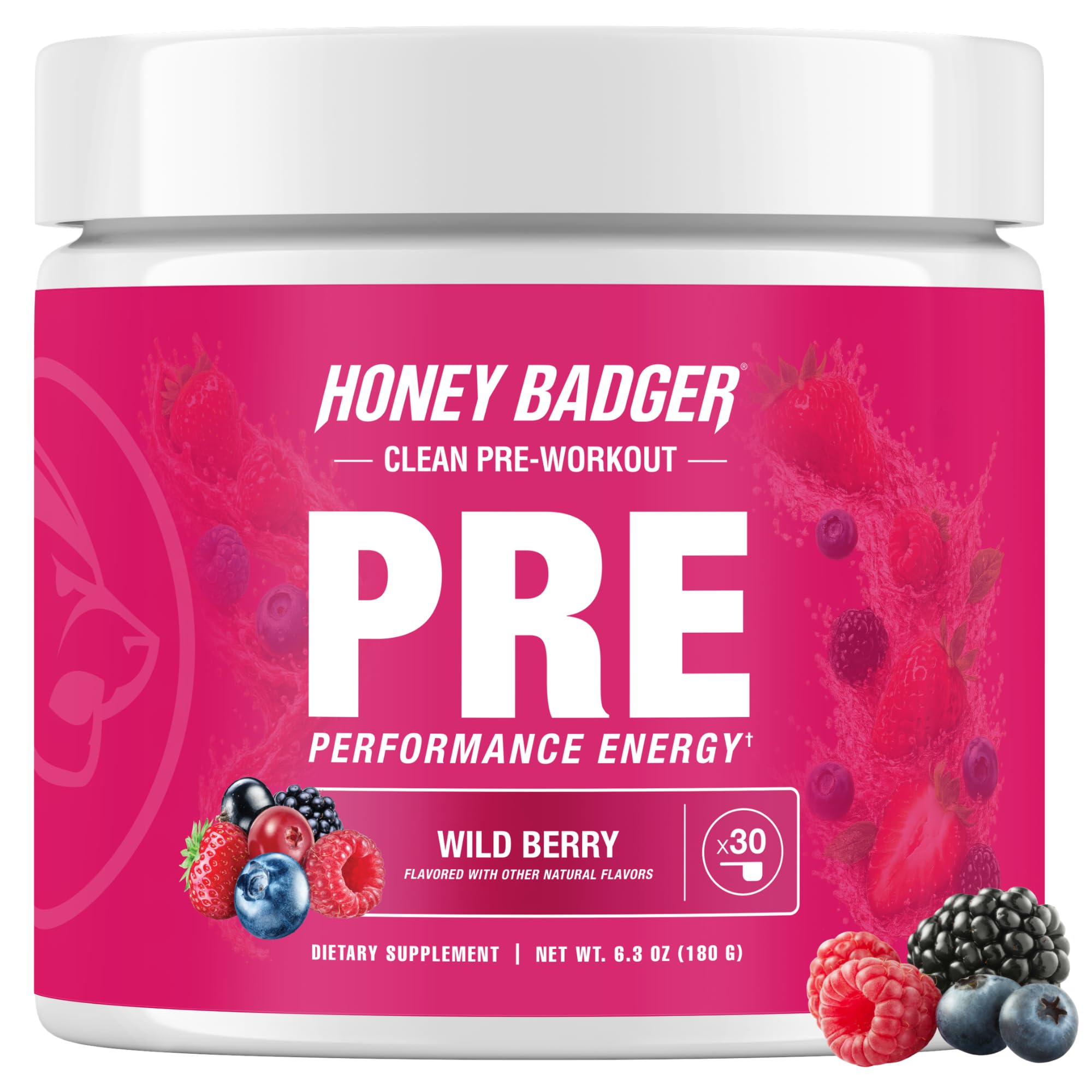 Honey Badger Pre Workout Powder, Keto Vegan Preworkout for Men & Women, Beta Alanine & Caffeine, Sugar Free Natural Energy Supplement, Wild Berry, 30 Servings