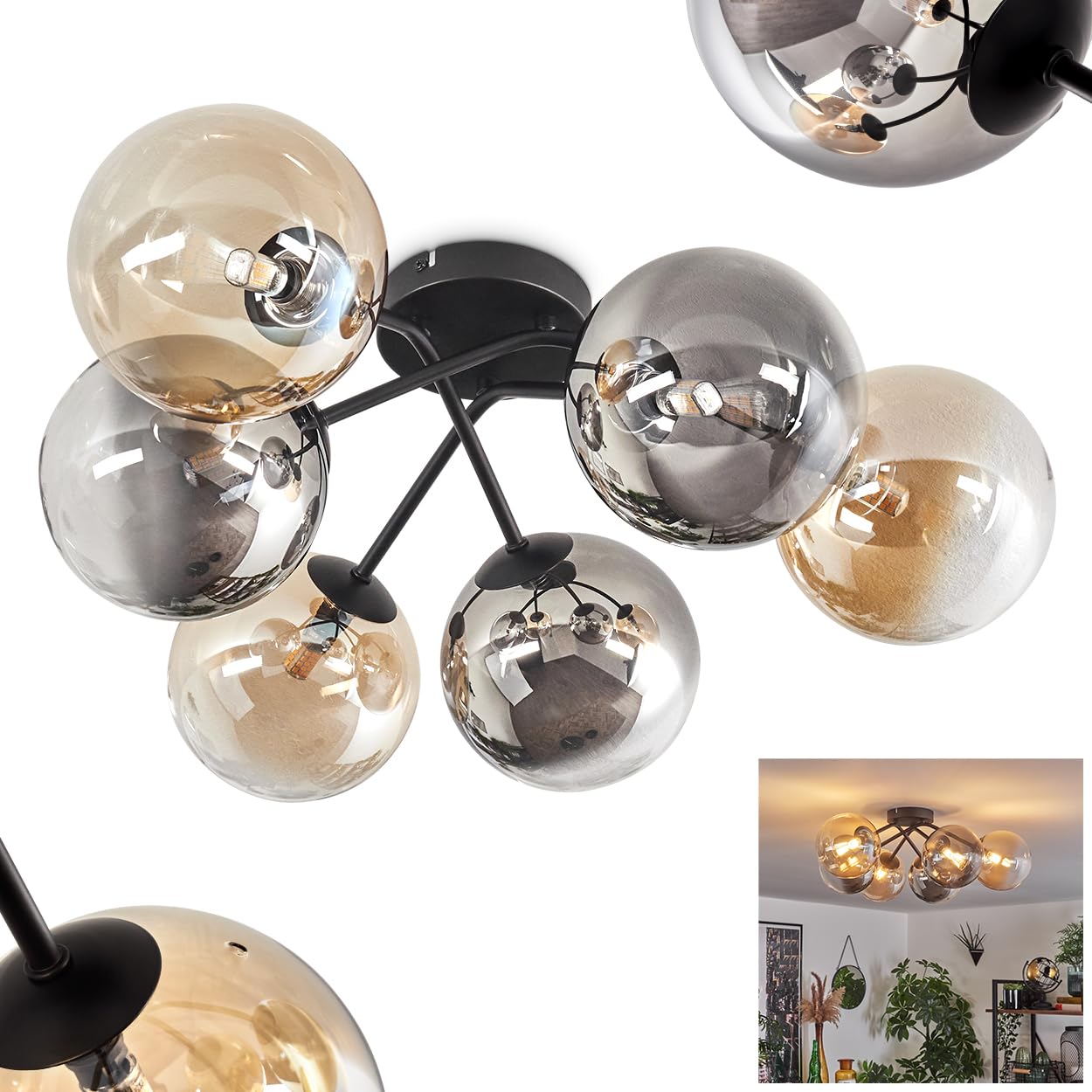 Chehalis Ceiling Light, Ceiling lamp Made of Metal/Glass in Black/Smoke Colour/Clear/Amber Colour/Clear, luminaire in Modern Retro/Vintage Design with Glass Shades (Ø 15 cm), 6 x G9, Without Bulbs